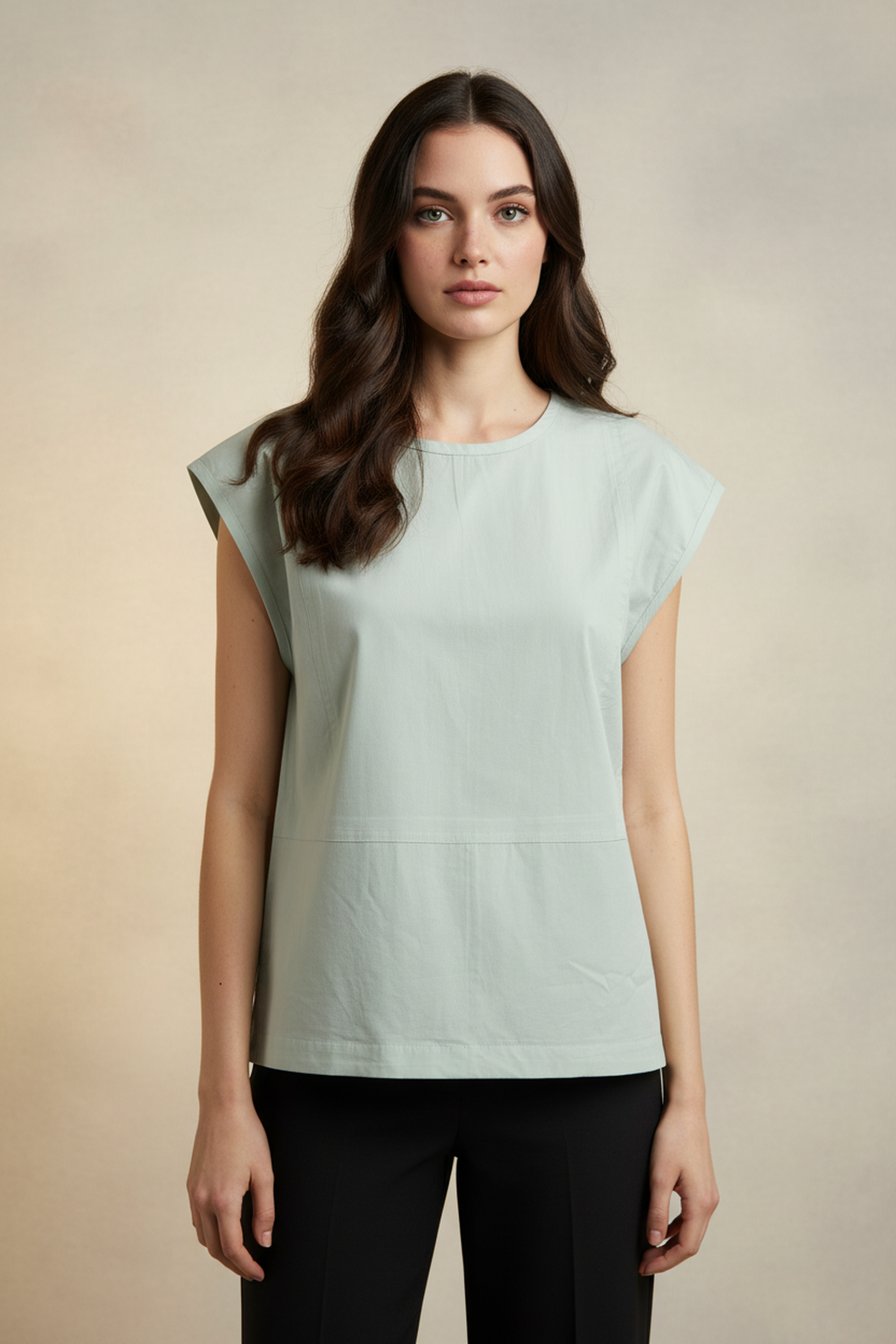 Women’s Mint Green Sleeveless A-Line Cotton Top – Round Neck, Shoulder Gather Detail, Relaxed Longline Fit