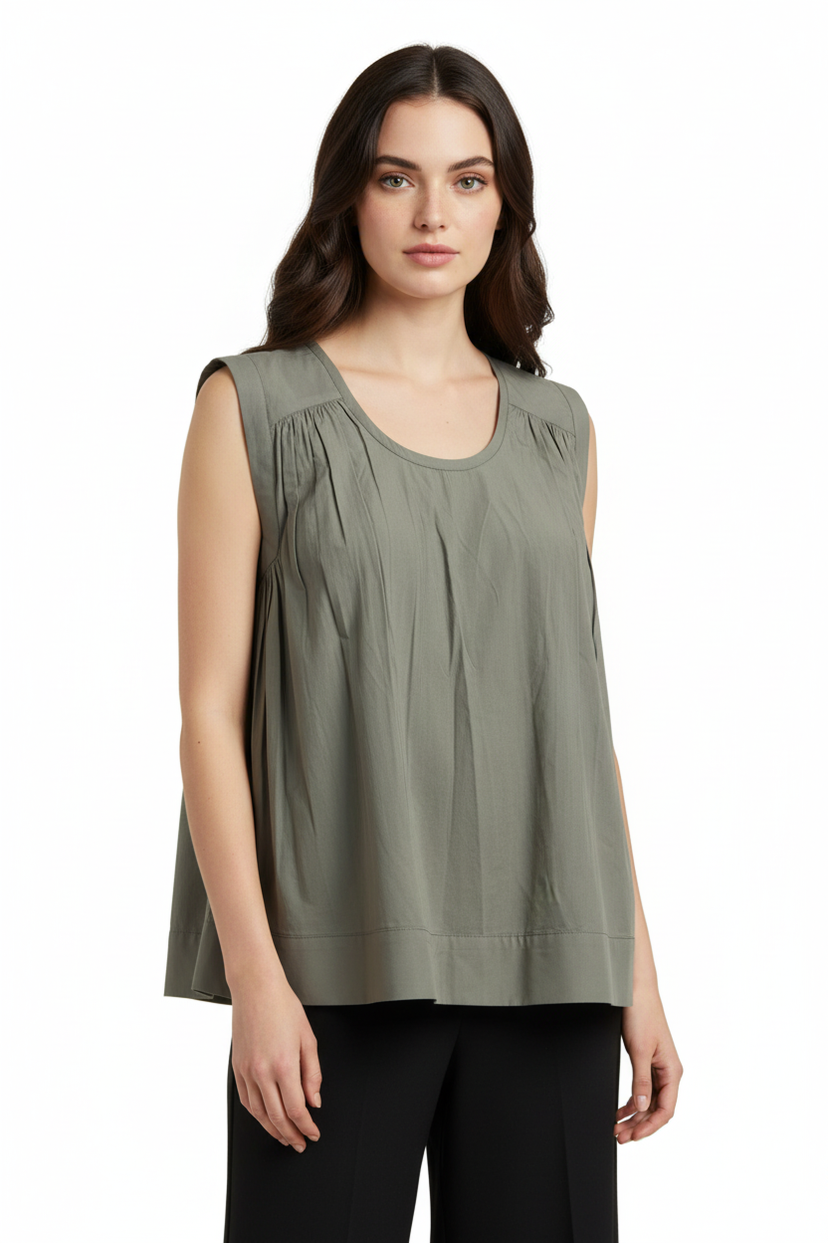 Women’s Olive Grey Sleeveless Gathered Cotton Top – Round Neck, Flowy A-Line Silhouette