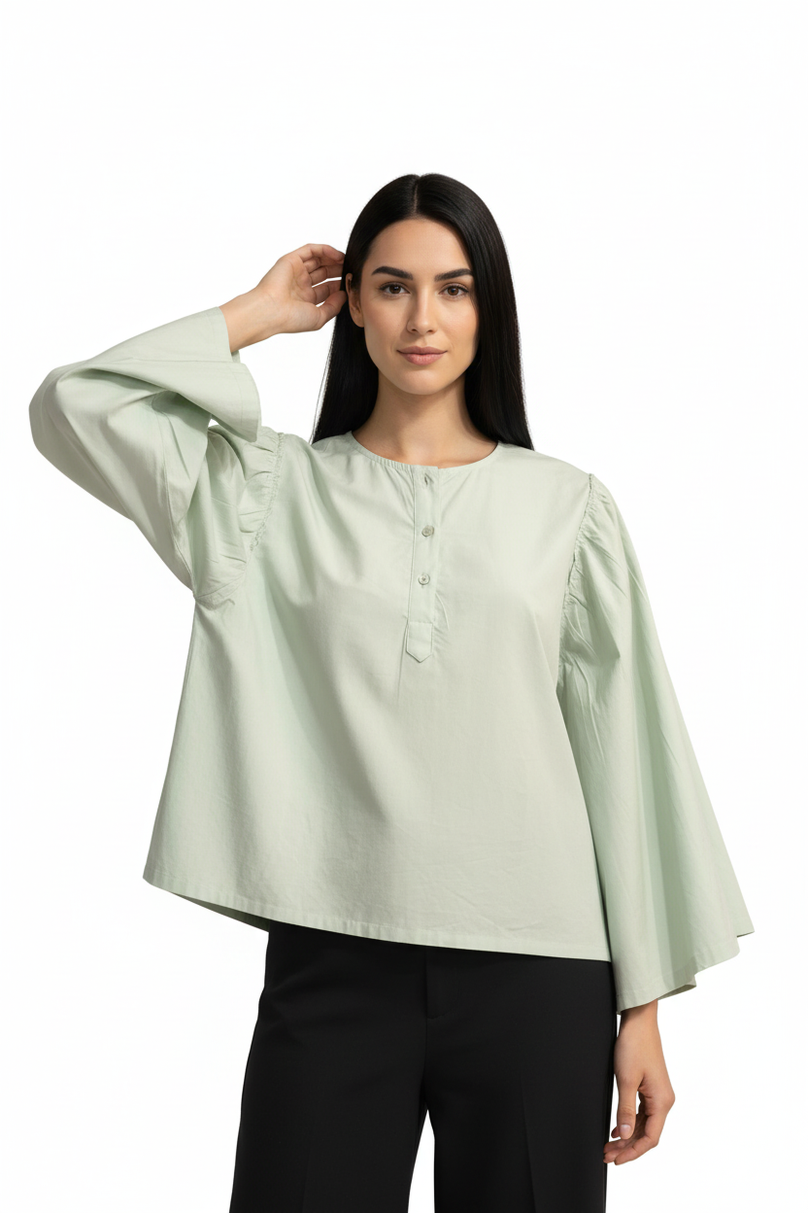 Women’s Mint Green Bell-Sleeve Cotton Top – Gathered Shoulder Detail, Round Neck, Flowy A-Line Silhouette