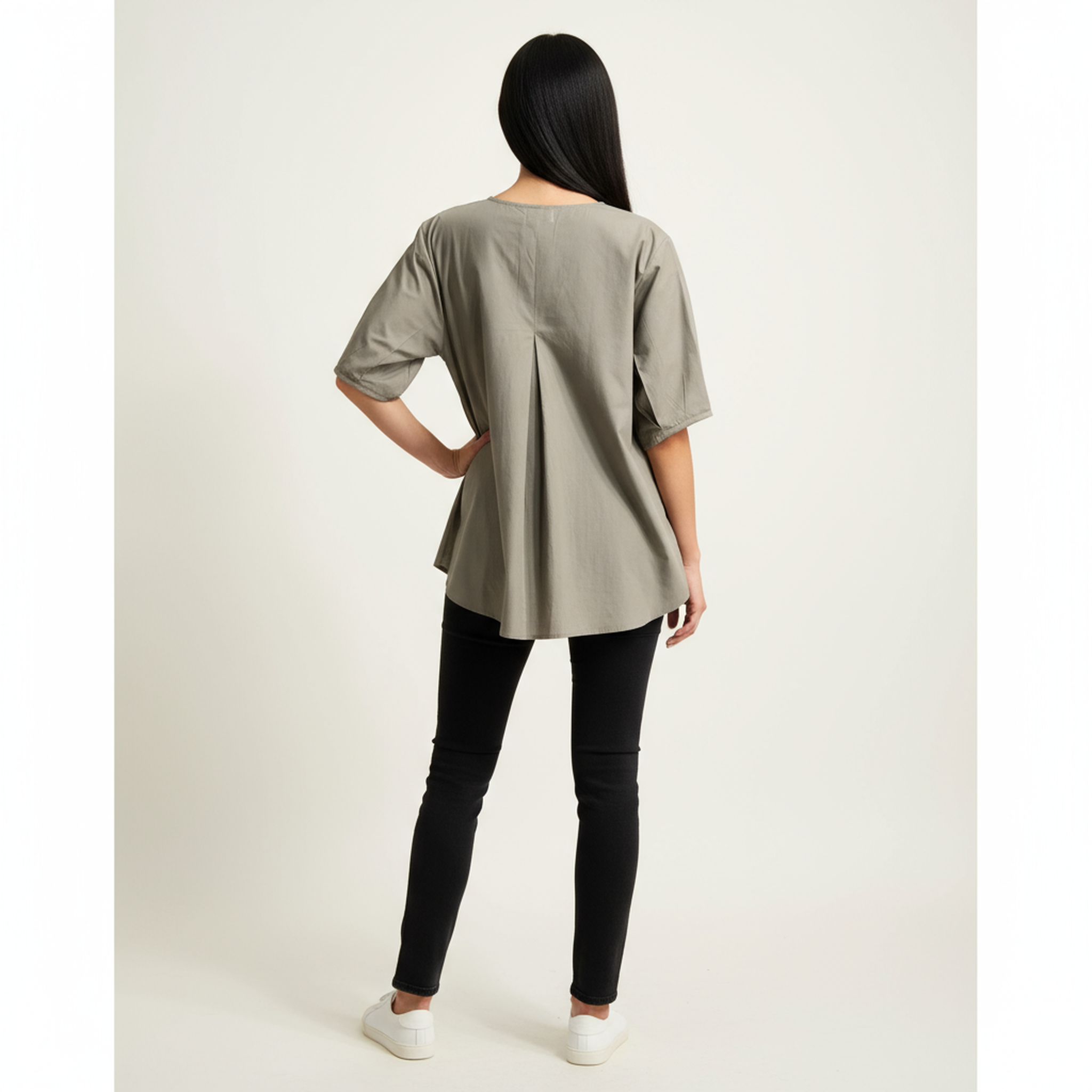 Women’s Olive Grey V-Slit Neck Cotton Top – Half Sleeves, Relaxed Longline Fit, Front Pleat Detail
