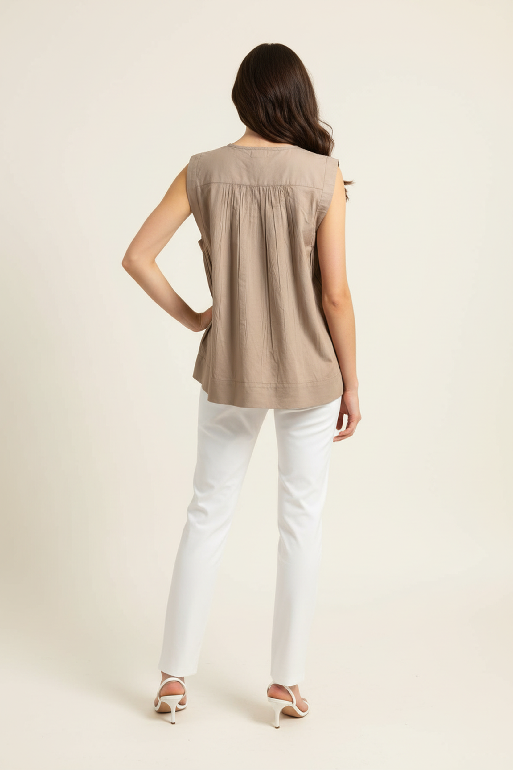 Women’s Sleeveless Gathered Cotton Top – Round Neck, Relaxed A-Line Fit