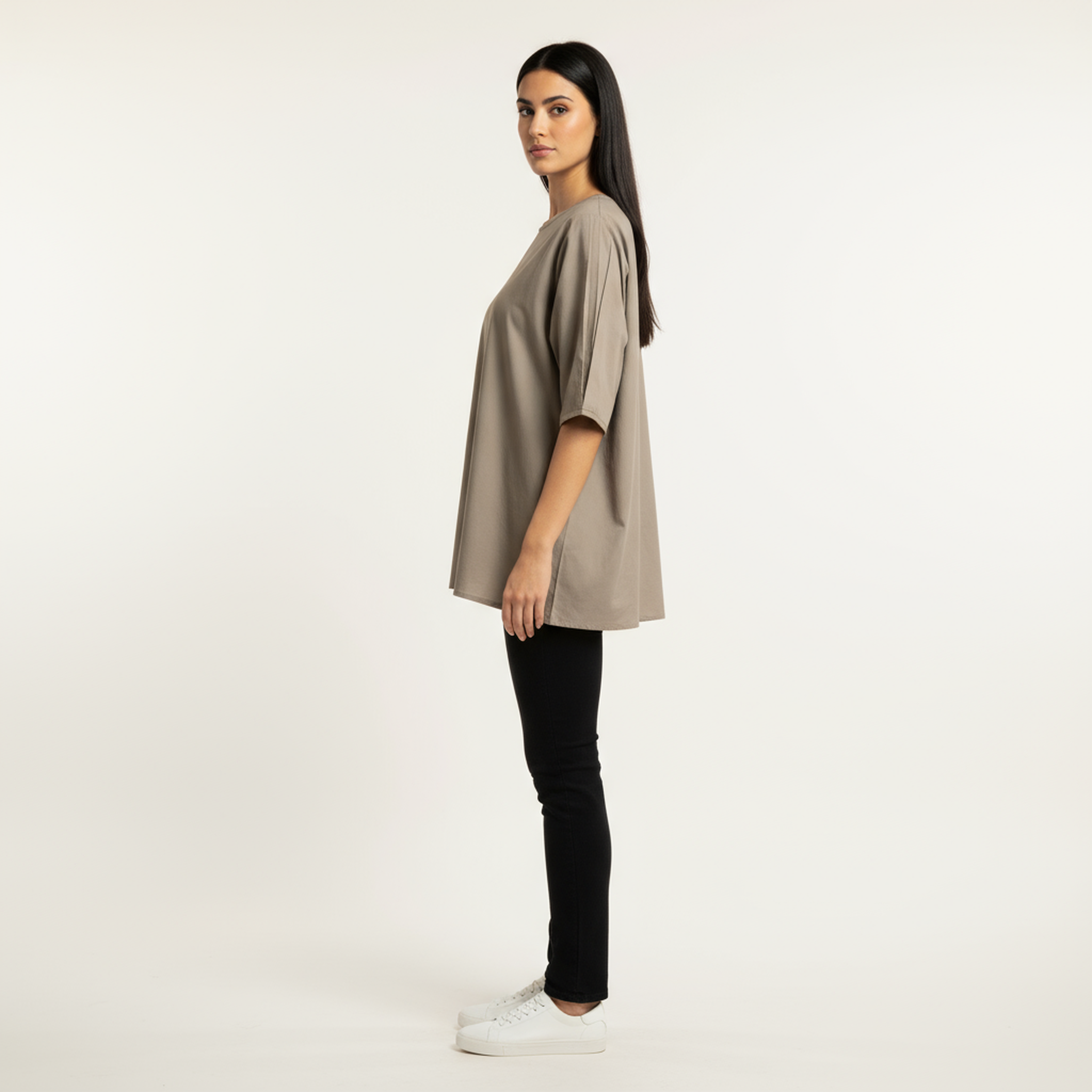 Women’s Olive Grey V-Slit Neck Cotton Top – Half Sleeves, Relaxed Longline Fit, Front Pleat Detail