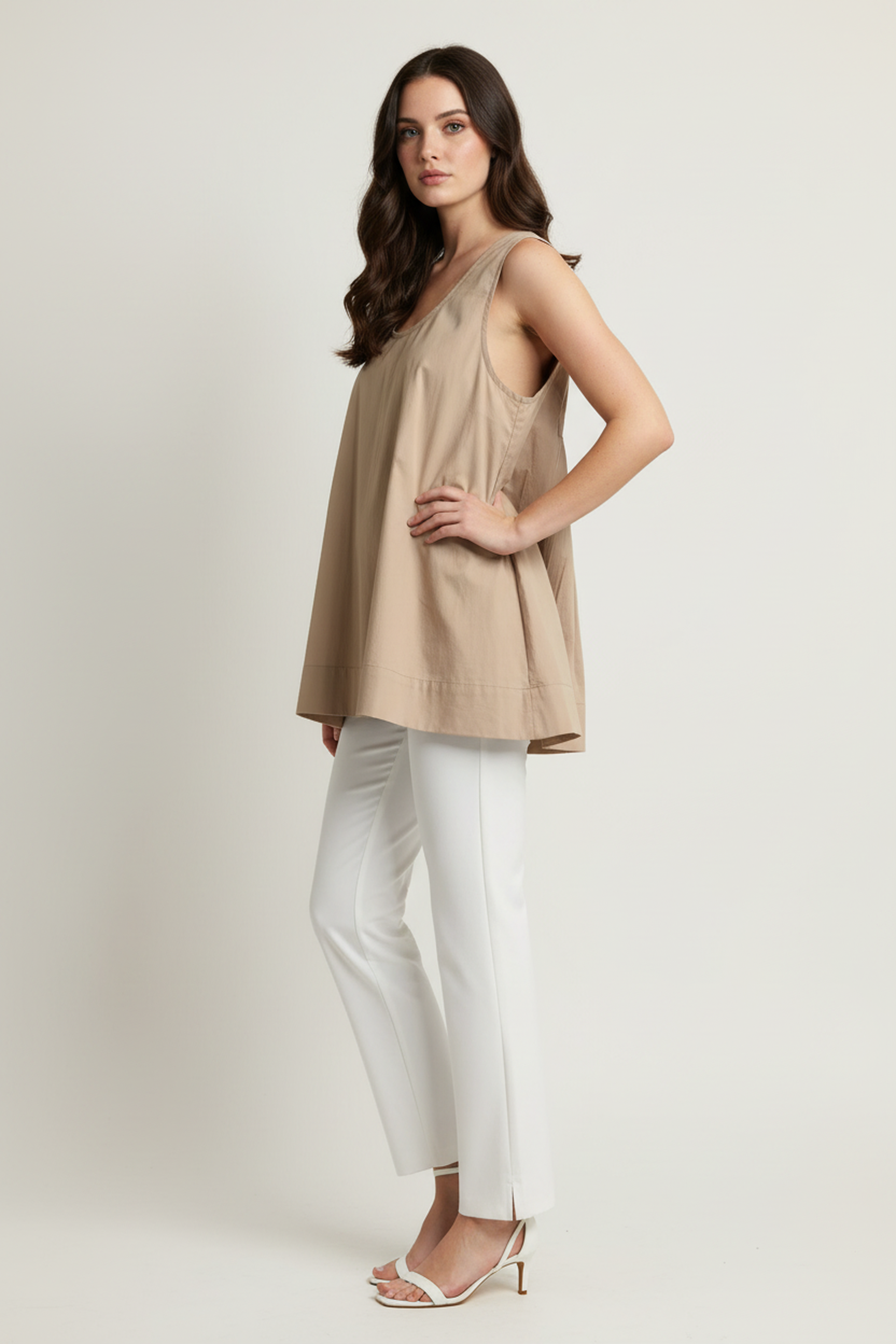 Women’s Sleeveless Gathered Cotton Top – Round Neck, Relaxed A-Line Fit