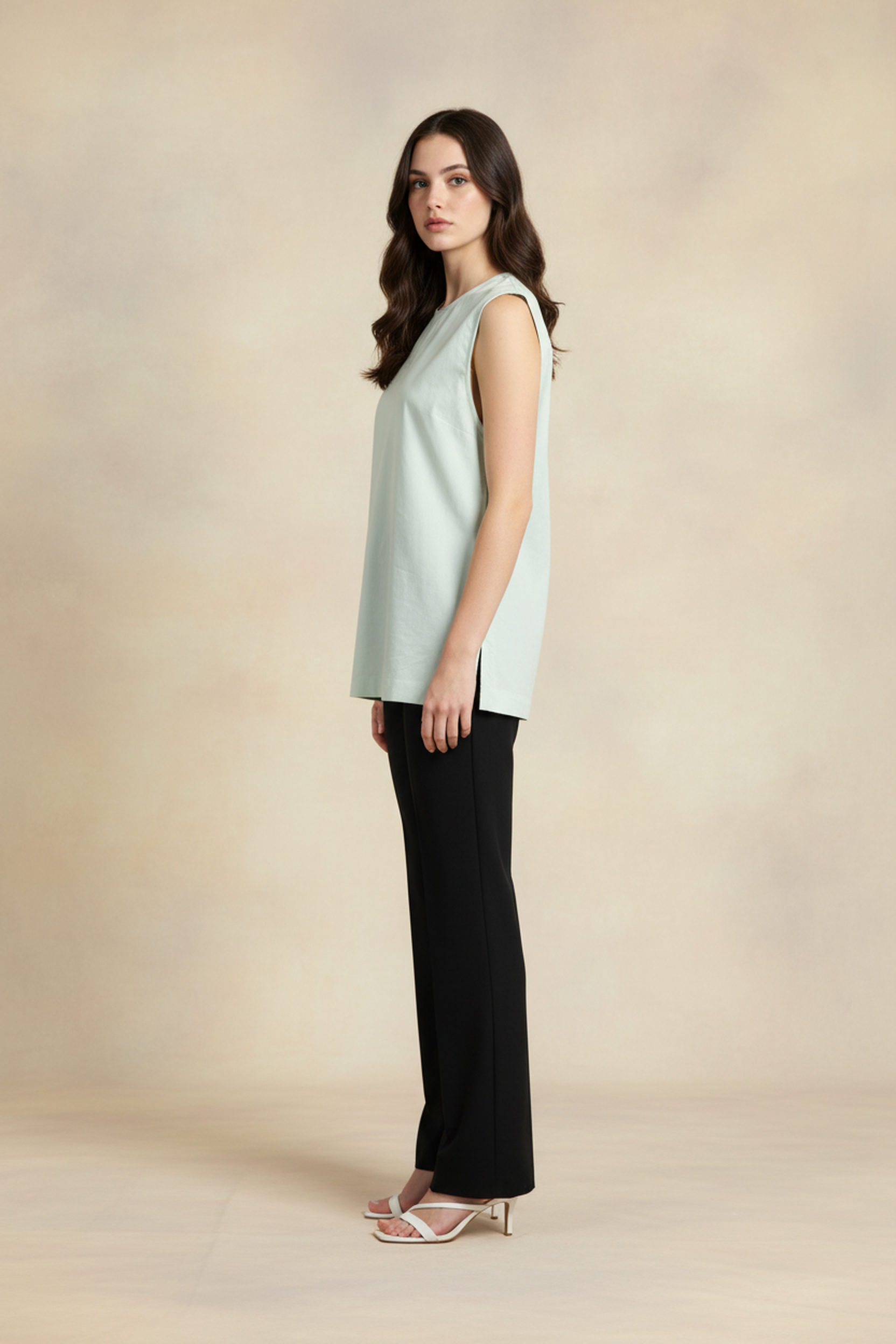 Women’s Mint Green Sleeveless A-Line Cotton Top – Round Neck, Shoulder Gather Detail, Relaxed Longline Fit