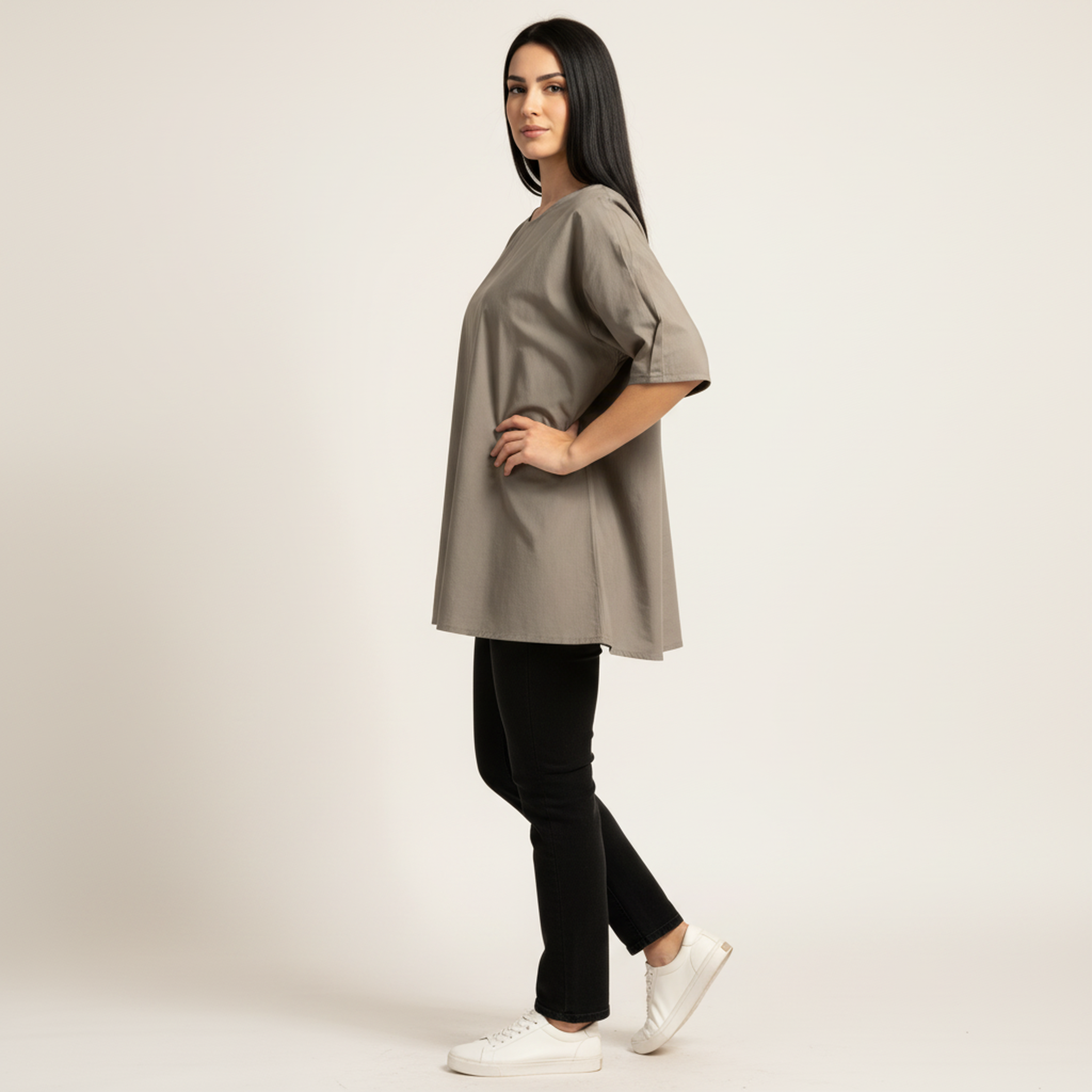 Women’s Olive Grey V-Slit Neck Cotton Top – Half Sleeves, Relaxed Longline Fit, Front Pleat Detail
