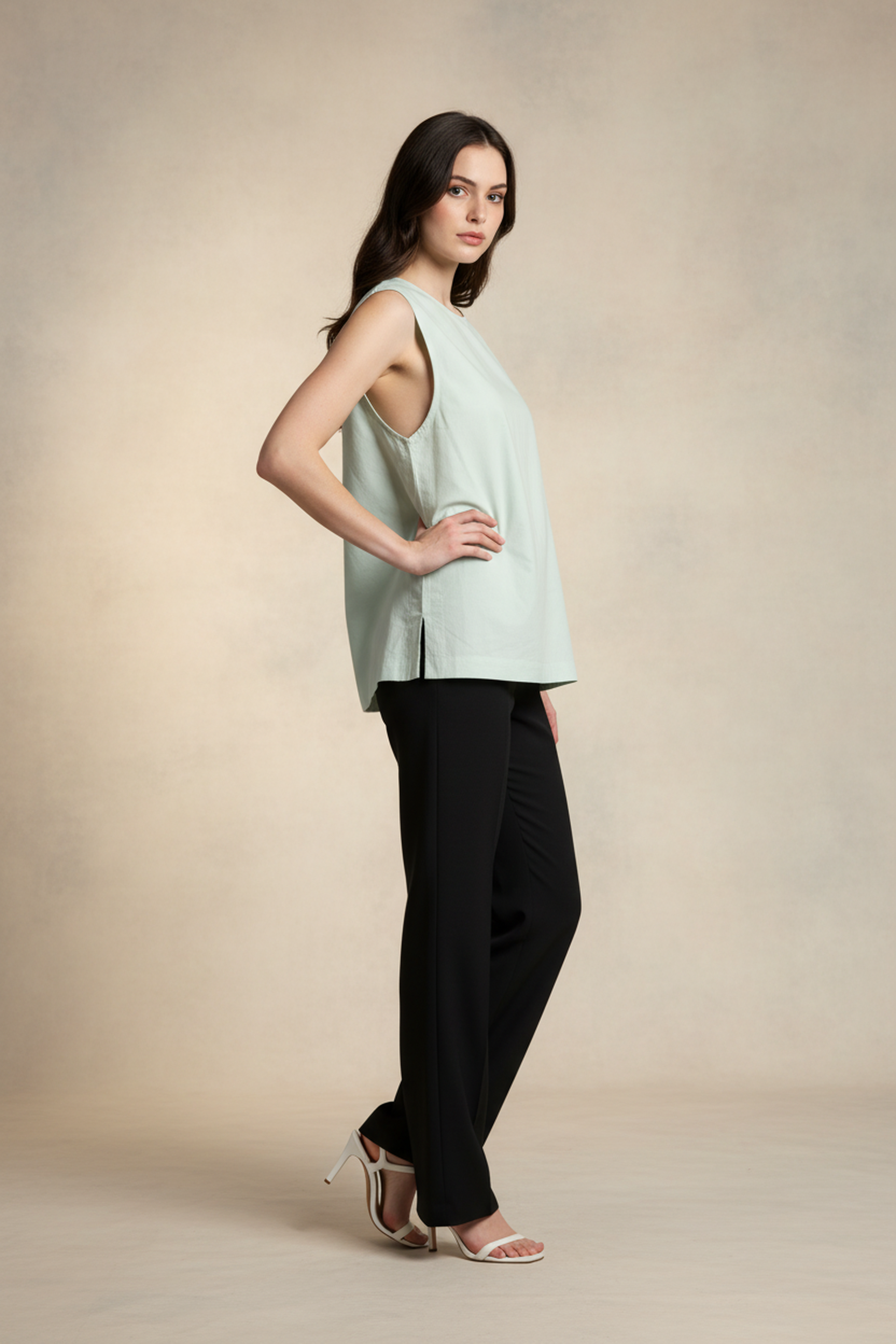 Women’s Mint Green Sleeveless A-Line Cotton Top – Round Neck, Shoulder Gather Detail, Relaxed Longline Fit