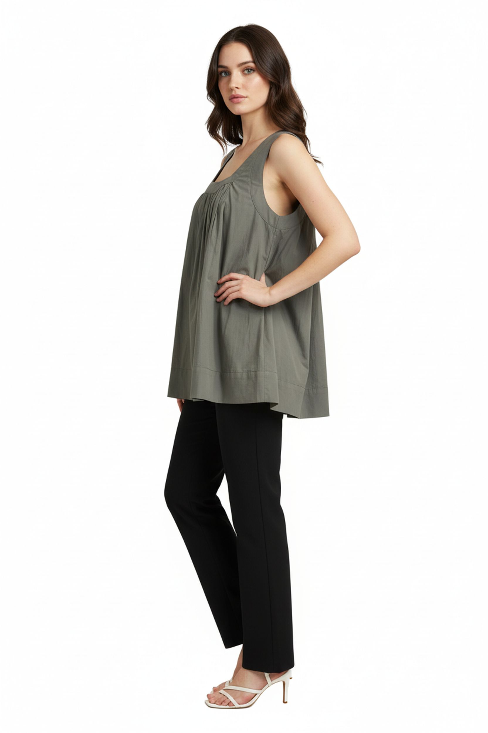 Women’s Olive Grey Sleeveless Gathered Cotton Top – Round Neck, Flowy A-Line Silhouette