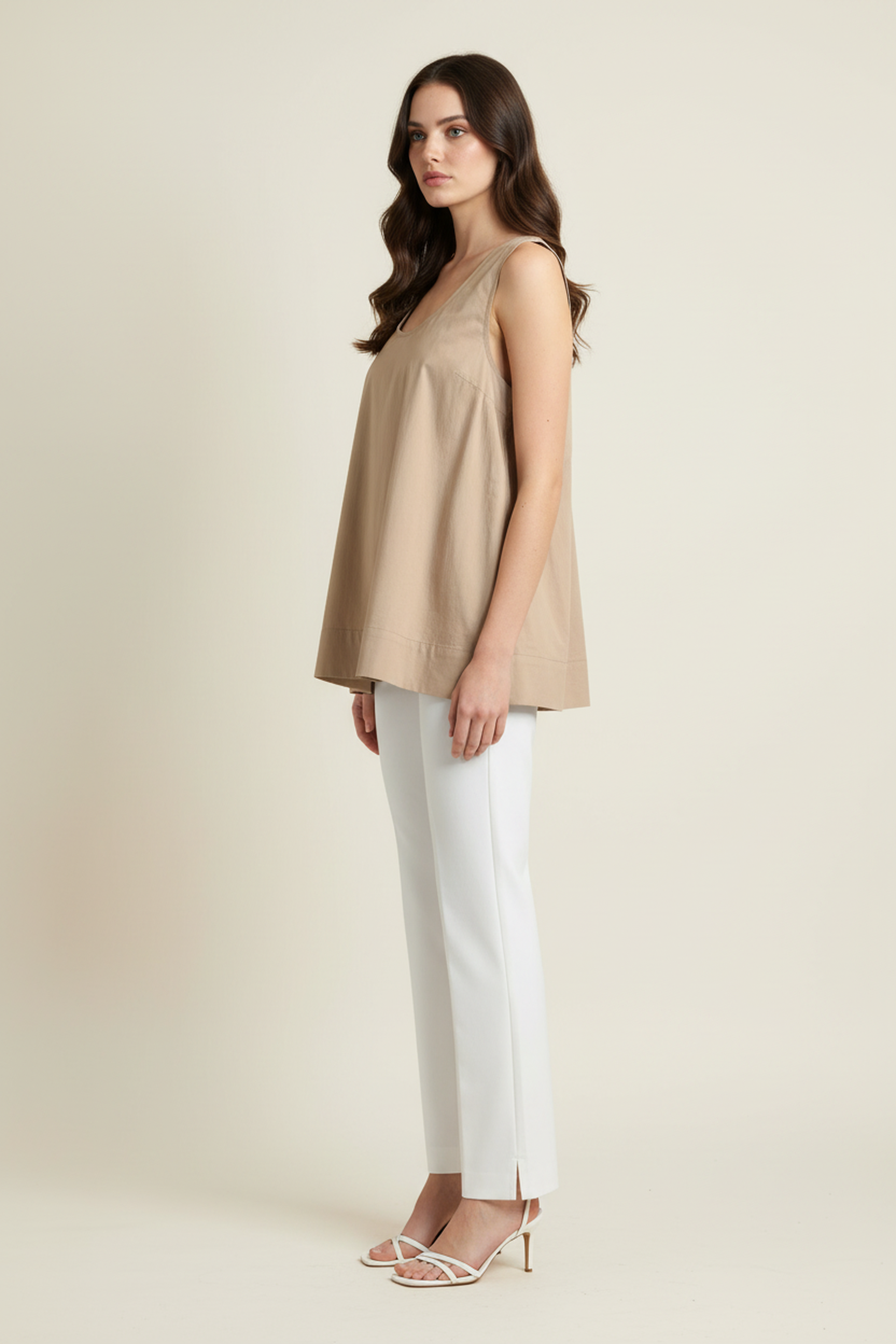 Women’s Sleeveless Gathered Cotton Top – Round Neck, Relaxed A-Line Fit