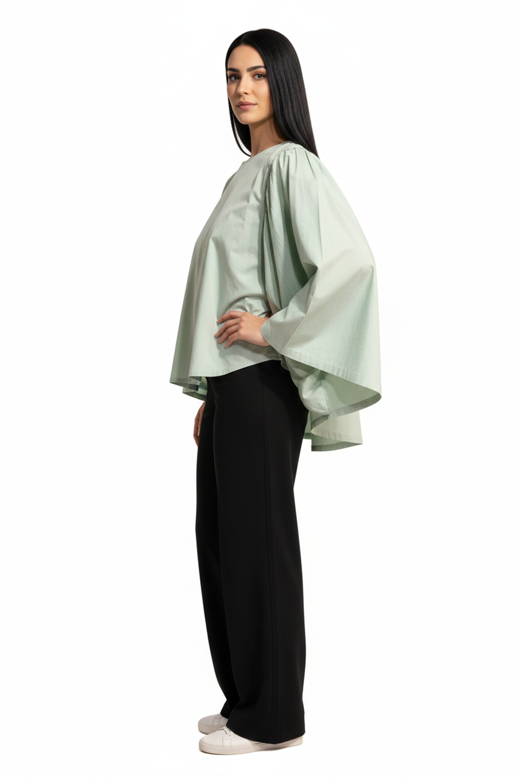 Women’s Mint Green Bell-Sleeve Cotton Top – Gathered Shoulder Detail, Round Neck, Flowy A-Line Silhouette