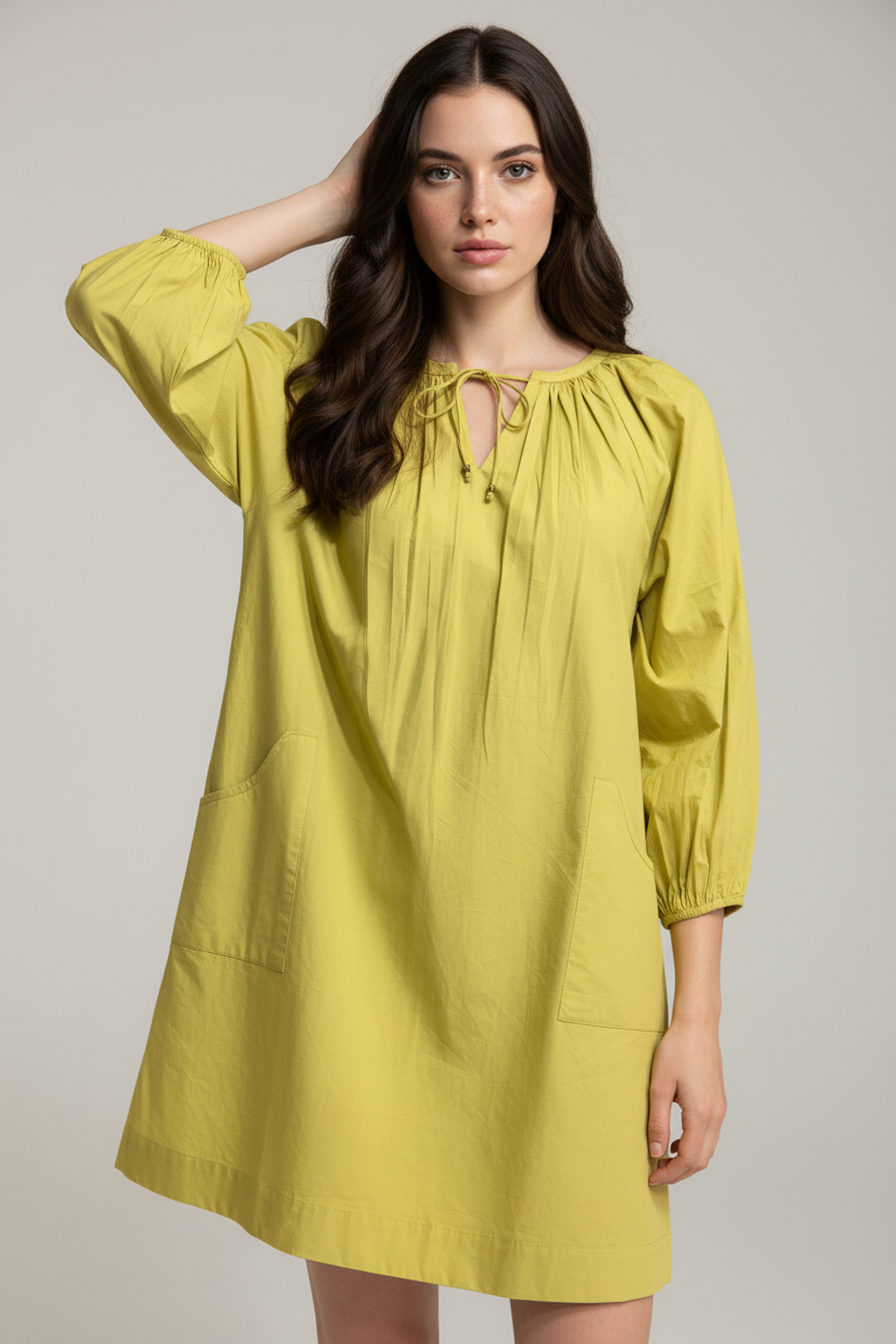 Women’s Olive V-Neck Relaxed Fit Dress – Soft Cotton Blend, 3/4th Sleeves, Front Pleat Detail