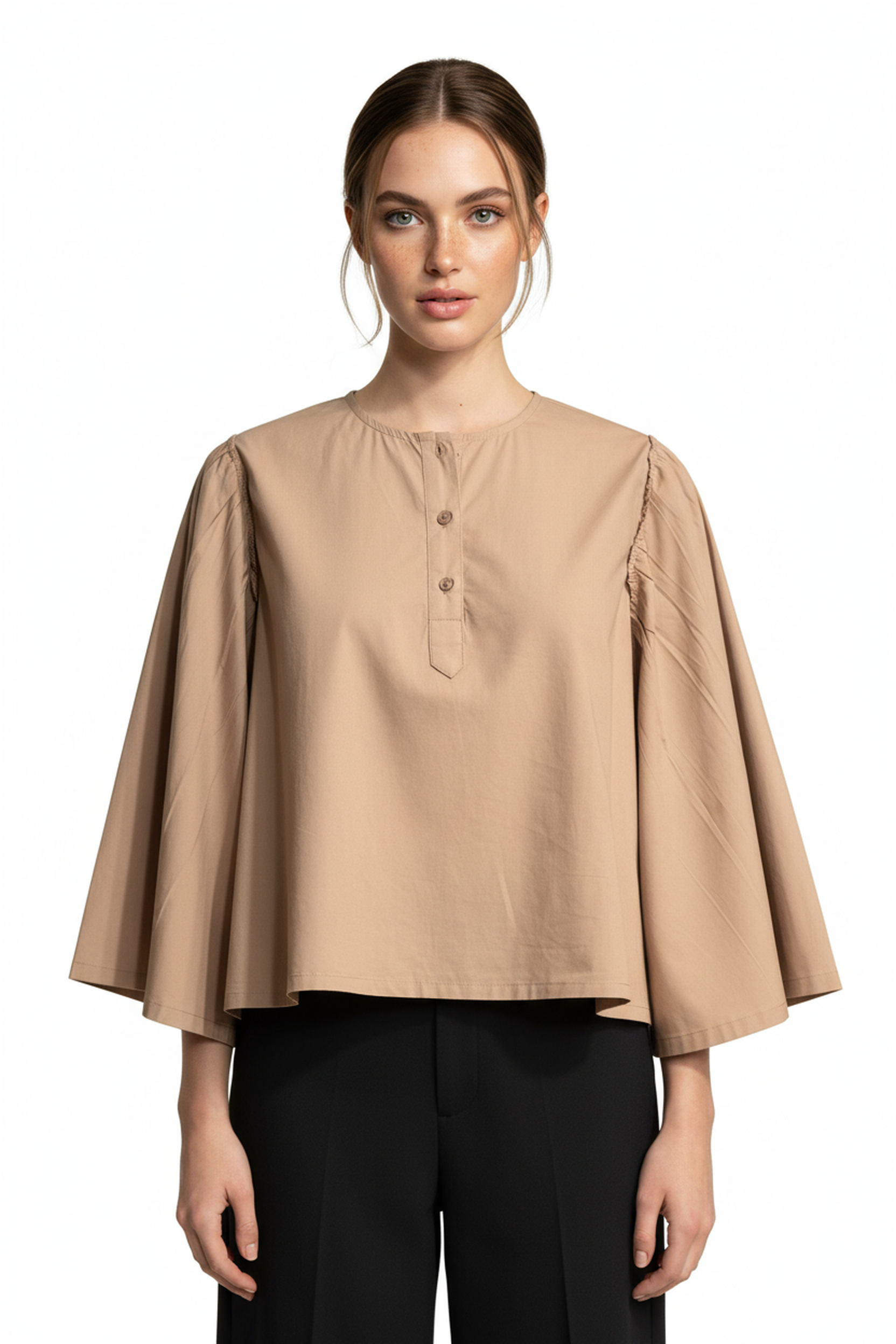 Women’s Beige Bell-Sleeve Cotton Top – Gathered Shoulder Detail, Round Neck, Flowy A-Line Silhouette
