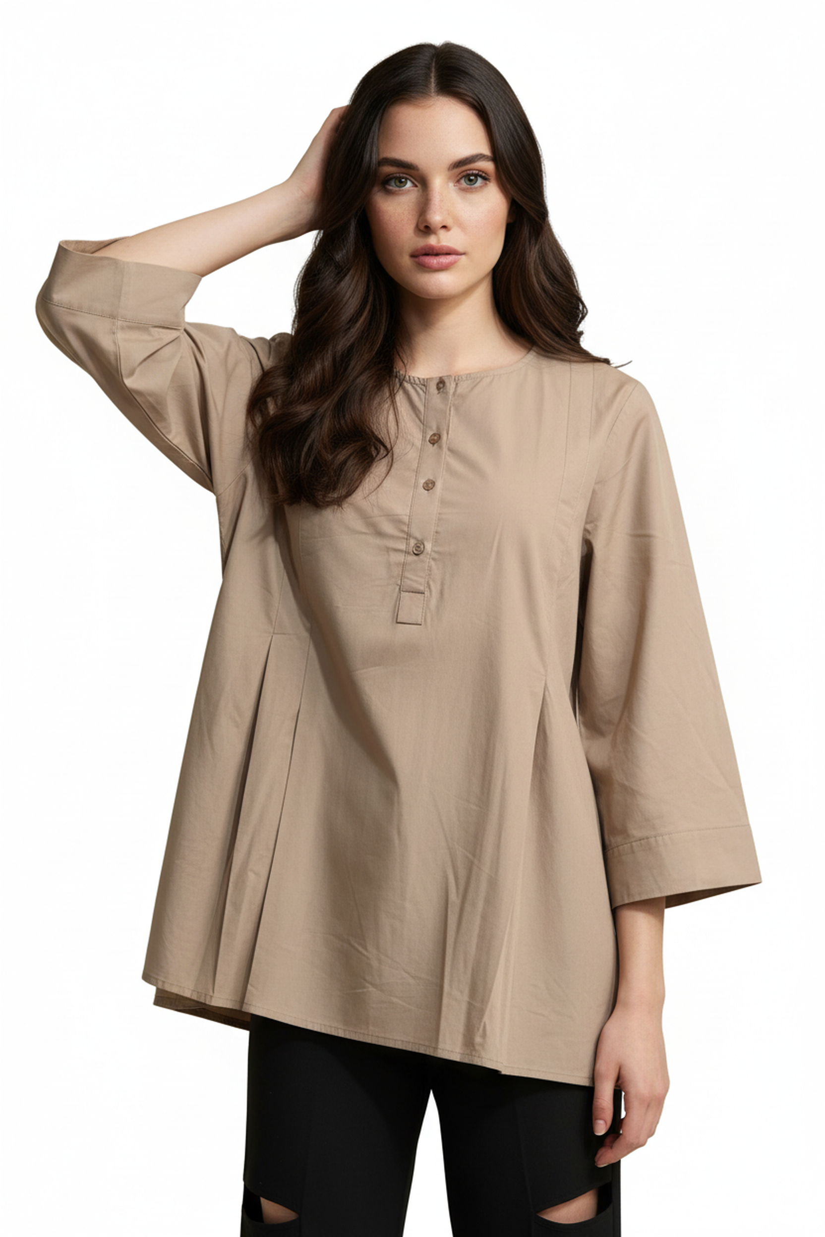 Women’s Beige A-Line Cotton Tunic Top – 3/4 Bell Sleeves, Round Neck, Half Button Placket, Flowy Fit