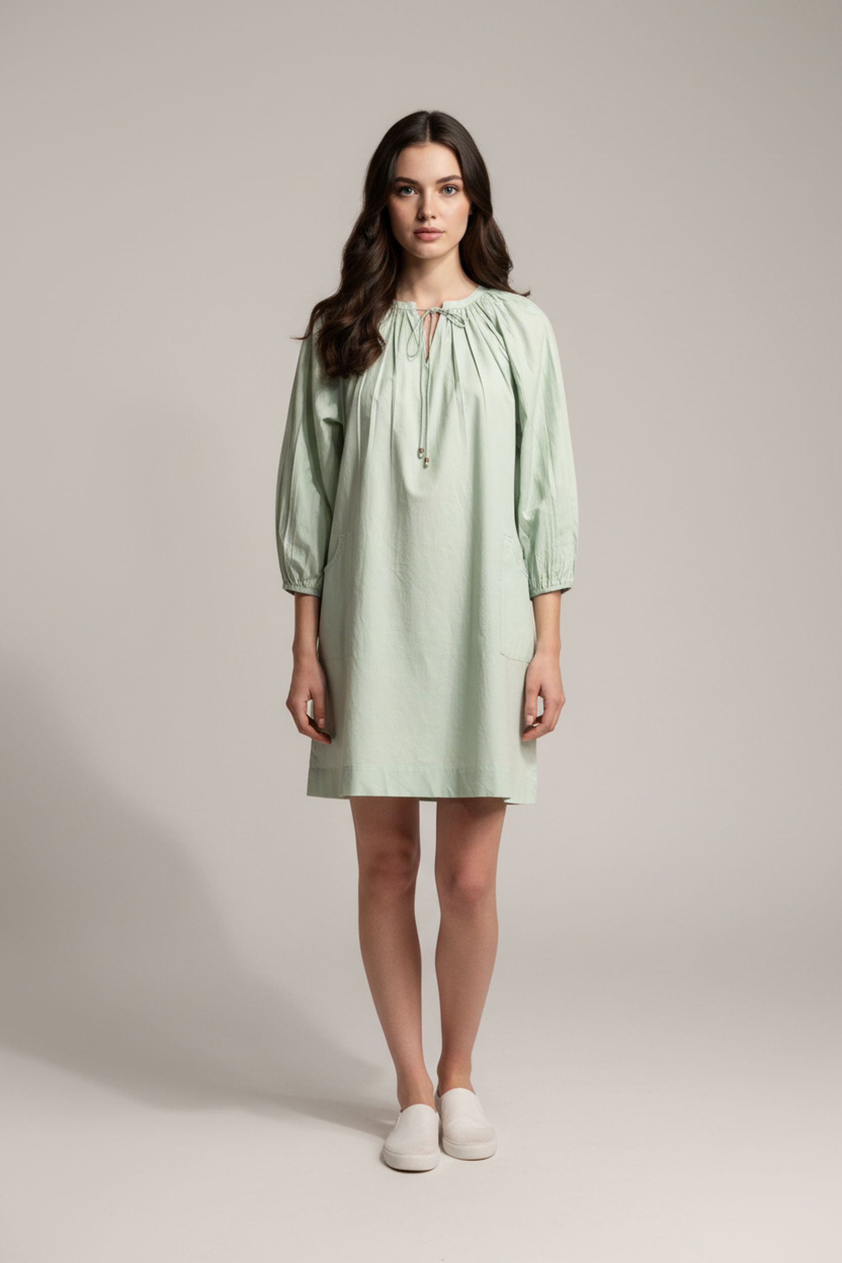 Women’s Mint Green V-Neck Relaxed Fit Dress – Soft Cotton Blend, 3/4th Sleeves, Front Pleat Detail
