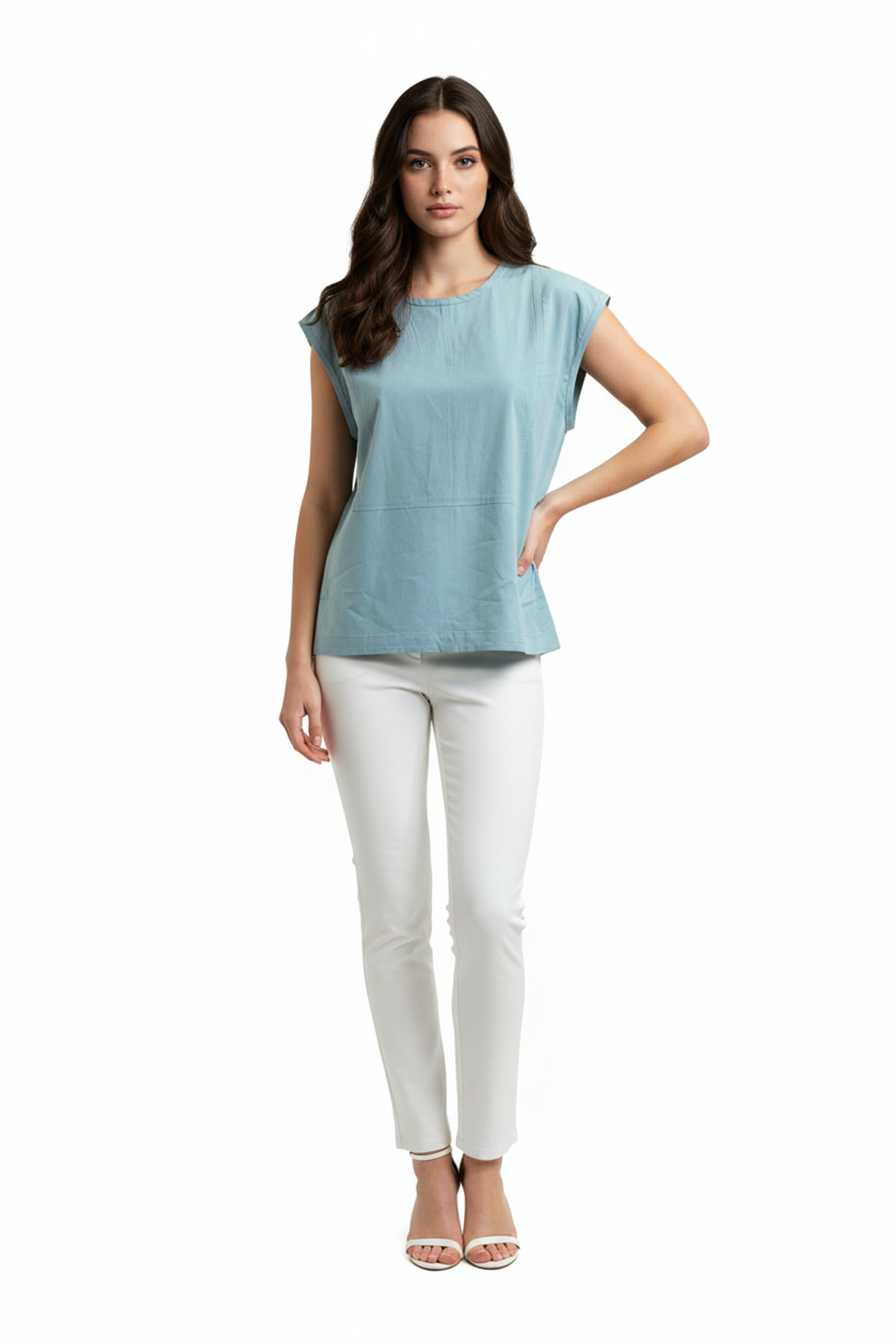 Women’s Sky Blue Sleeveless Structured Cotton Top – Round Neck, Minimal Straight Fit, Clean Panel Detail