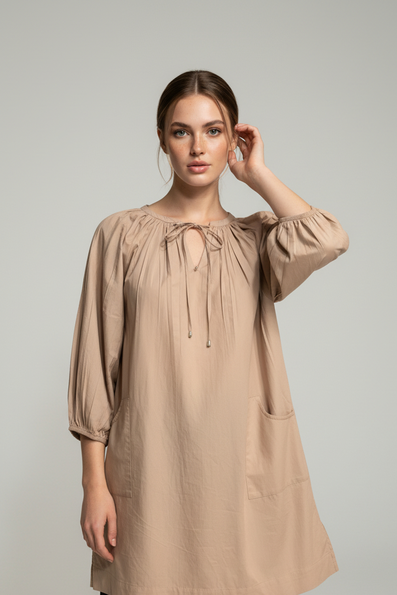 Women’s Beige V-Neck Relaxed Fit Dress – Soft Cotton Blend, 3/4th Sleeves, Front Pleat Detail