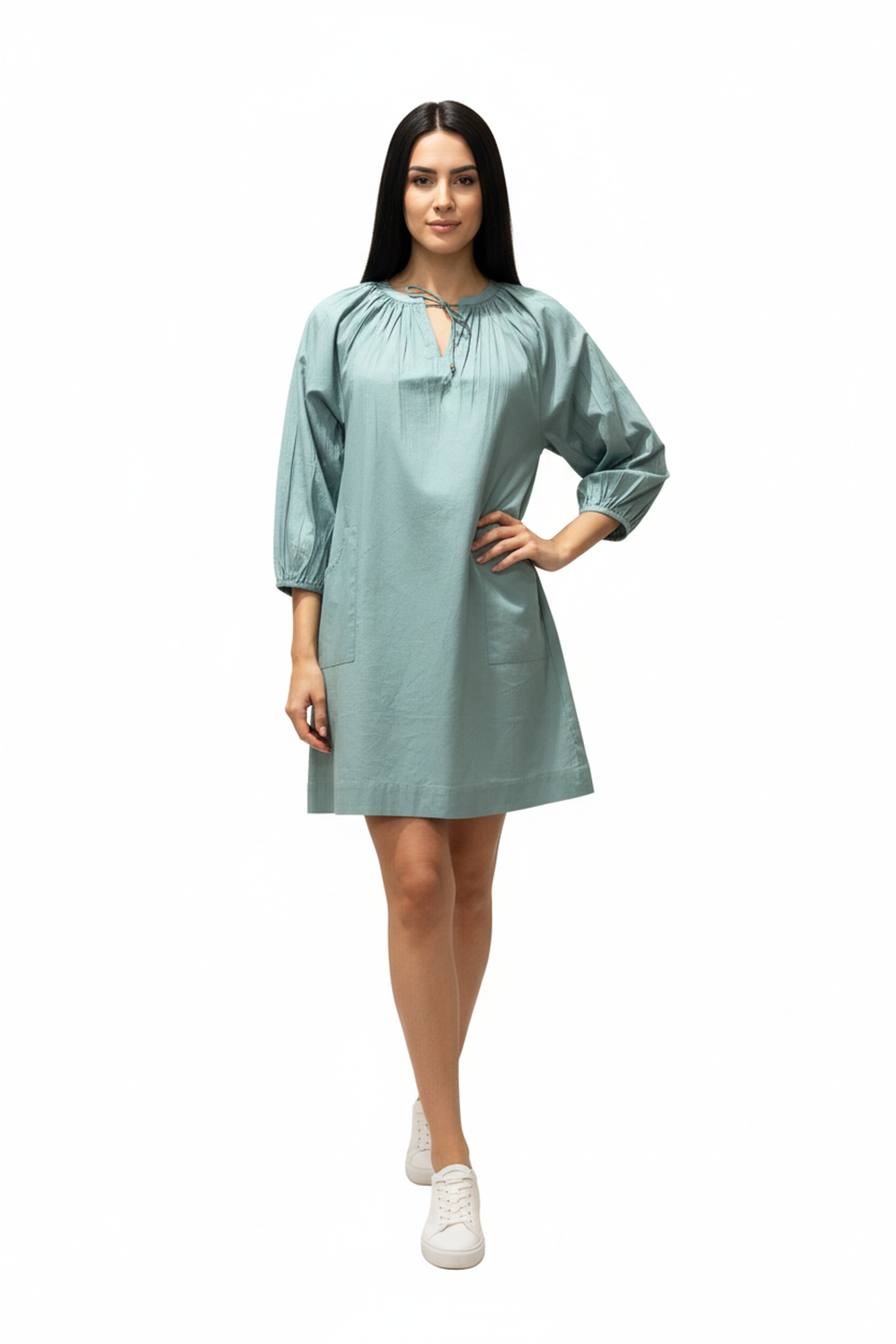 Women’s Blue V-Neck Relaxed Fit Dress – Soft Cotton Blend, 3/4th Sleeves, Front Pleat Detail