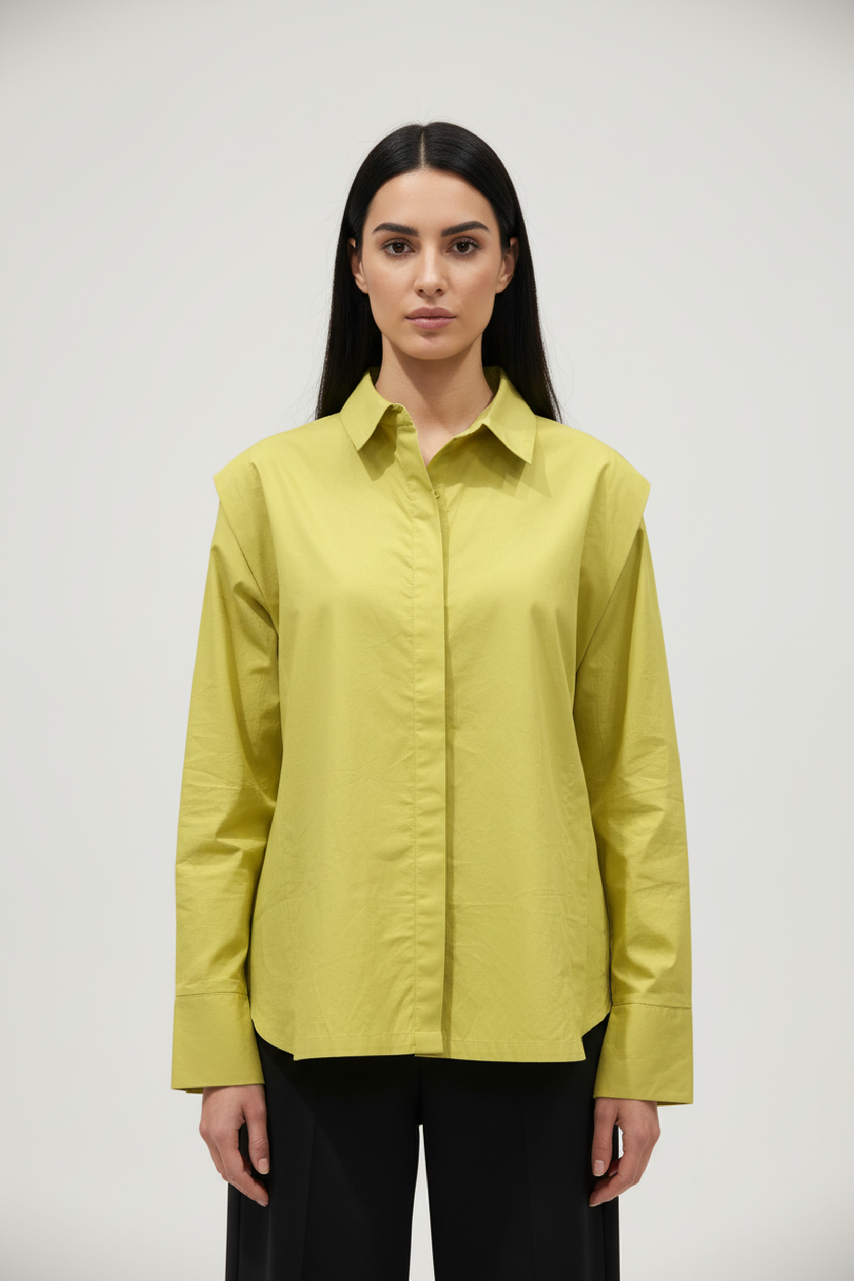 Women’s Olive Green Cotton Poplin Oversized Shirt – Minimal Concealed Placket, Full Sleeves, Relaxed Fit