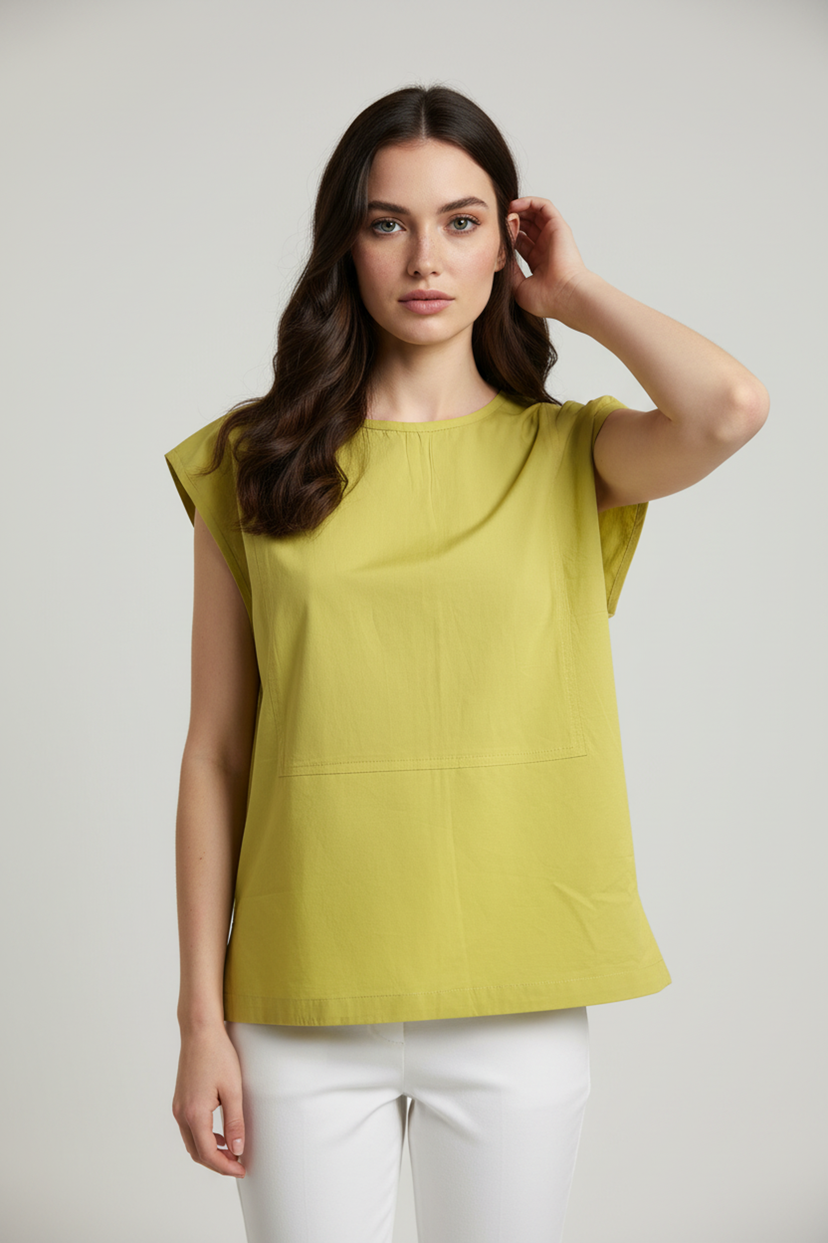 Women’s Lime Yellow Sleeveless Structured Cotton Top – Round Neck, Minimal Clean Look, Straight Hem