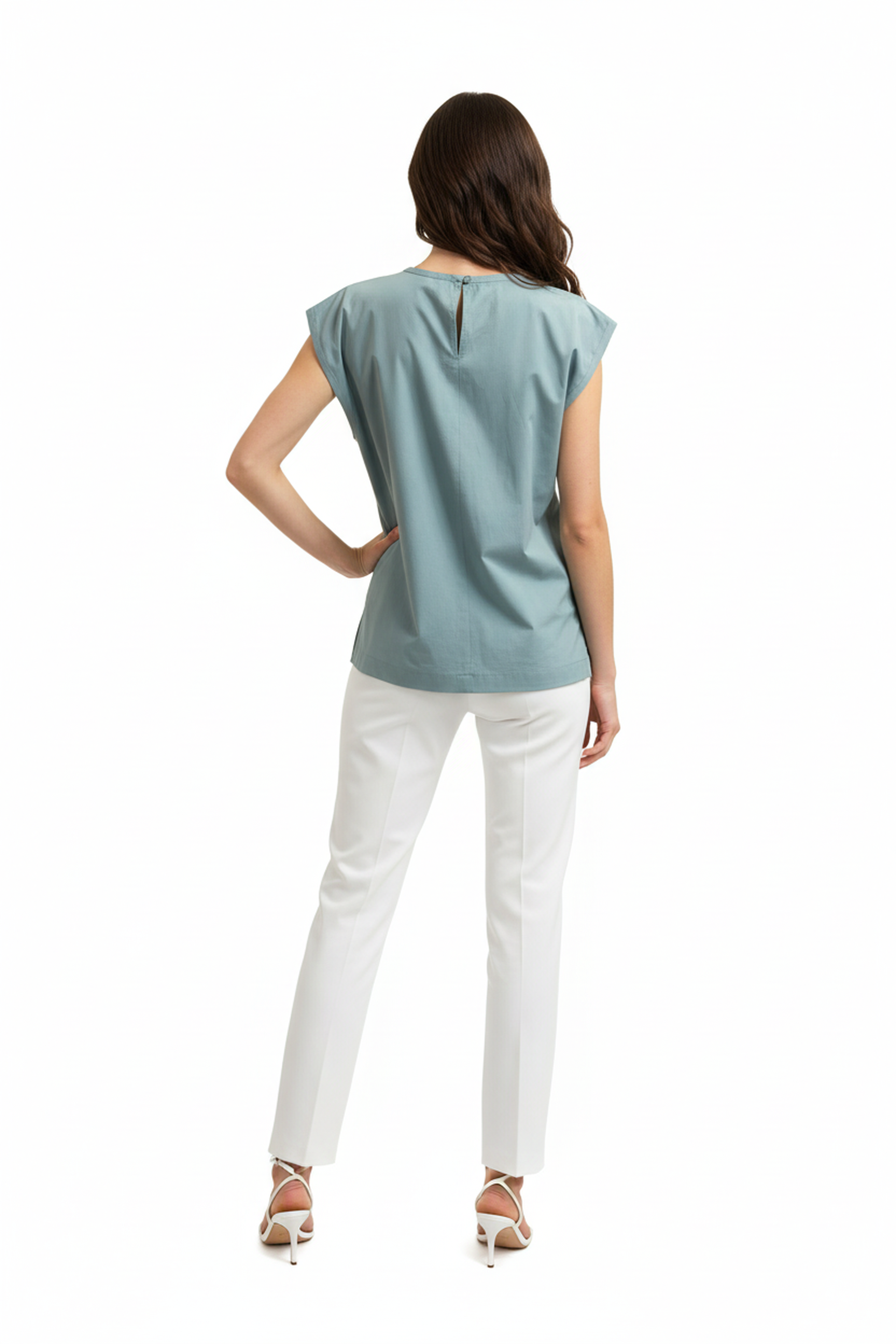 Women’s Sky Blue Sleeveless Structured Cotton Top – Round Neck, Minimal Straight Fit, Clean Panel Detail