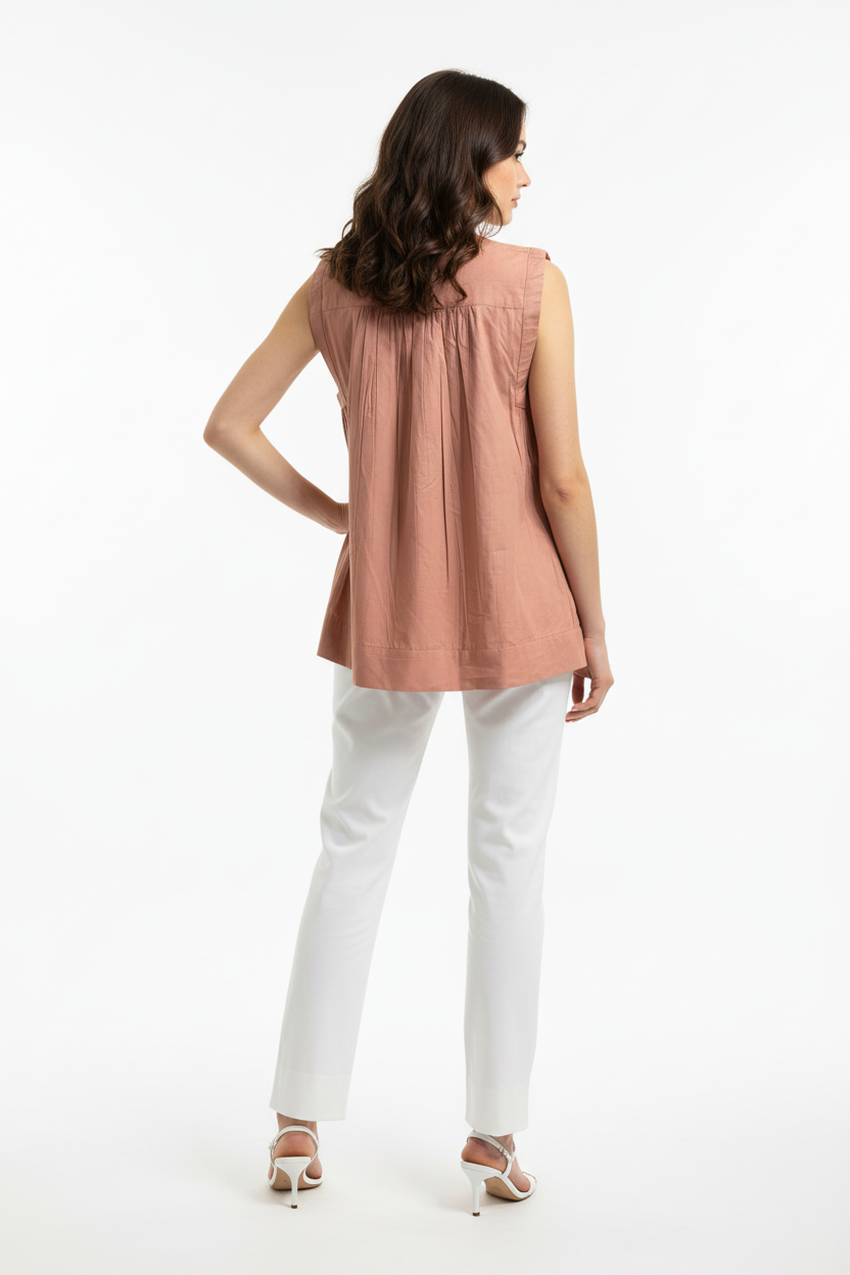 Women’s Peach Sleeveless Gathered Cotton Top – Round Neck, Relaxed A-Line Silhouette