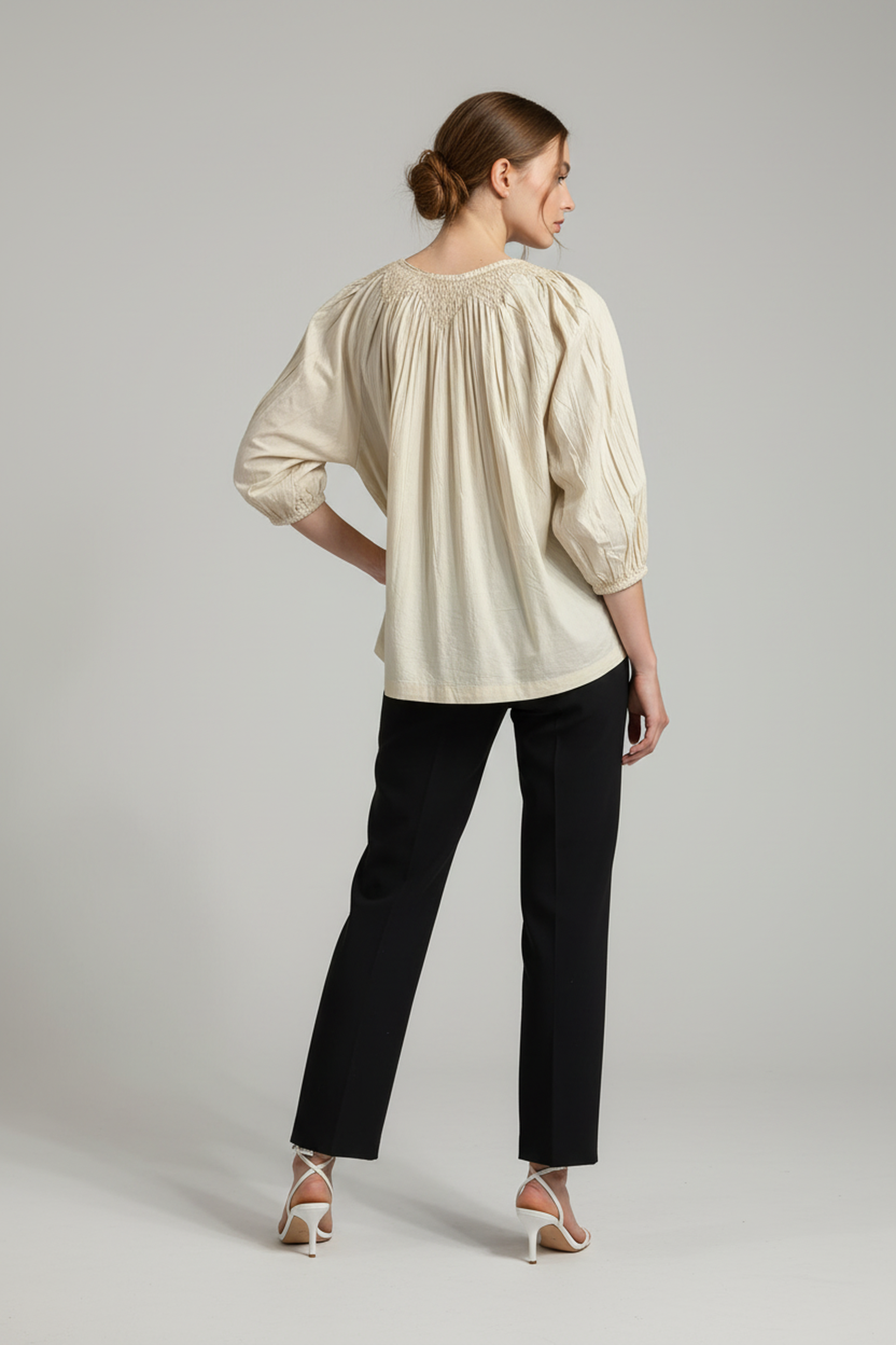 Beige Cotton Smocked-Neck Peasant Top – Relaxed Fit, 3/4 Sleeves