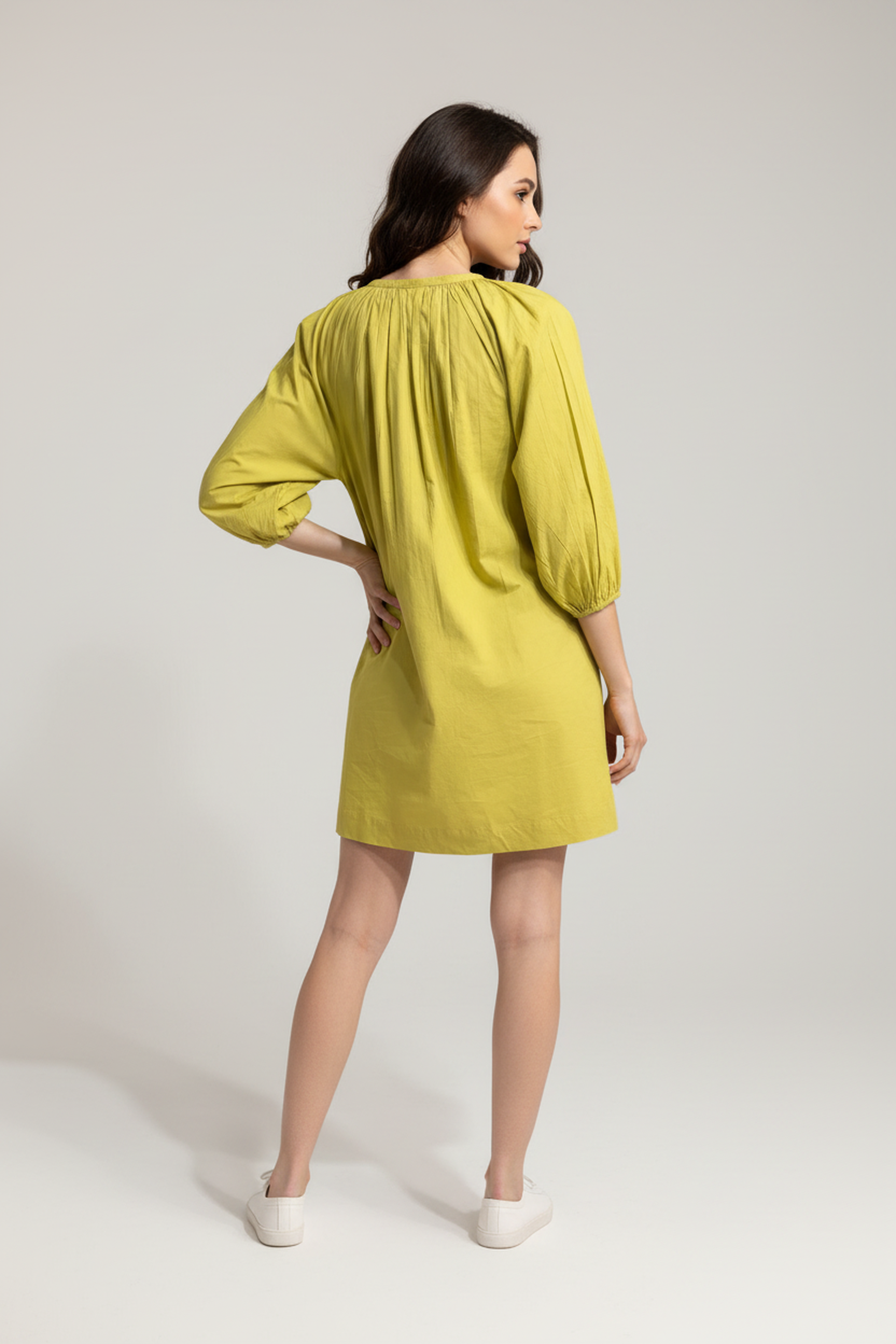 Women’s Olive V-Neck Relaxed Fit Dress – Soft Cotton Blend, 3/4th Sleeves, Front Pleat Detail