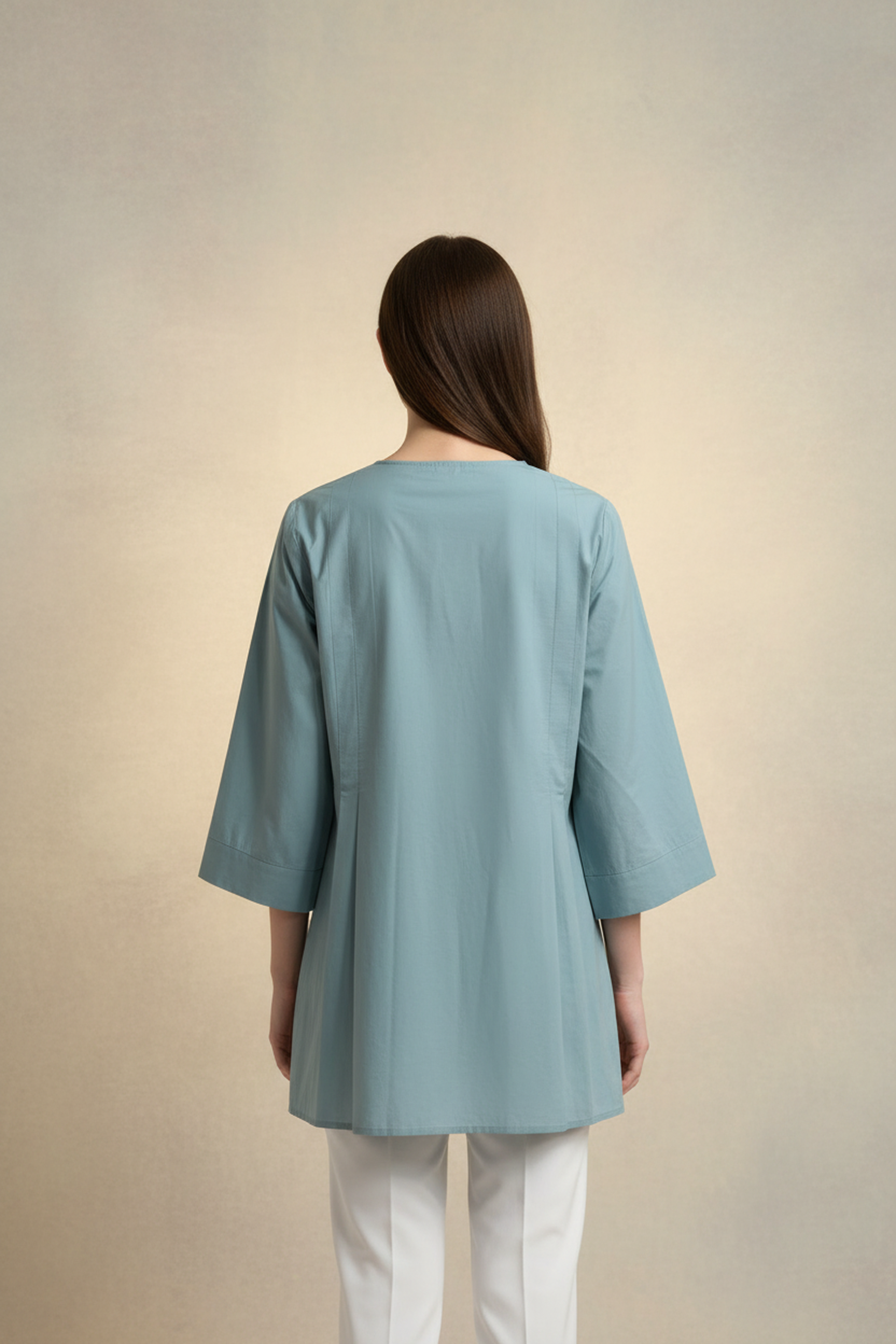Women’s Teal Blue A-Line Cotton Tunic Top – 3/4 Bell Sleeves, Round Neck, Button Placket, Flowy Fit