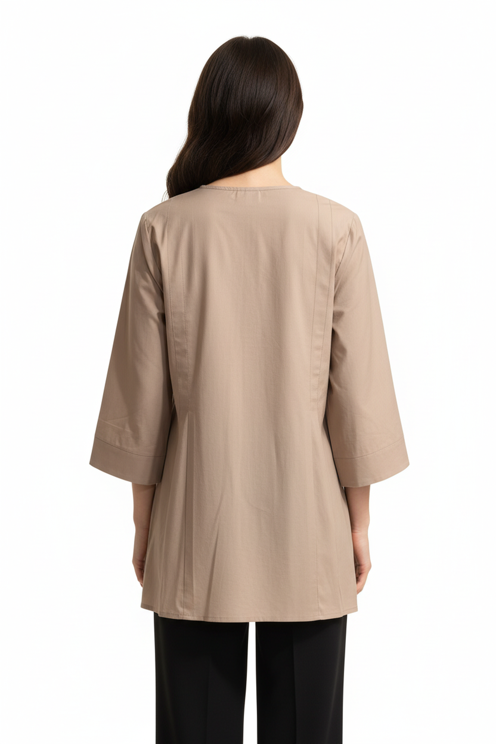 Women’s Beige A-Line Cotton Tunic Top – 3/4 Bell Sleeves, Round Neck, Half Button Placket, Flowy Fit