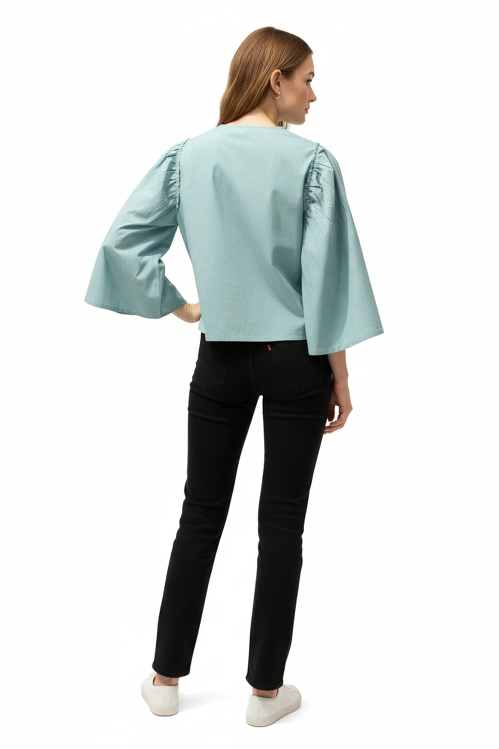 Women’s Mint Green Bell-Sleeve Cotton Top – Gathered Shoulder Detail, Round Neck, Flowy A-Line Fit