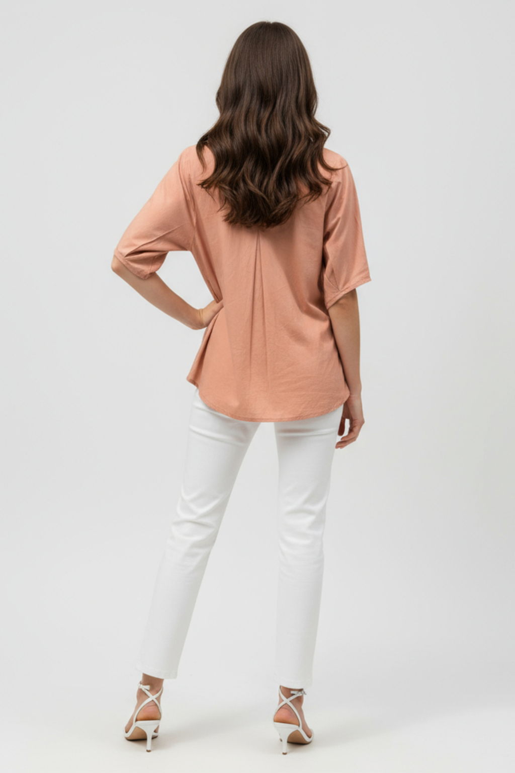 Women’s Peach V-Neck Relaxed Fit Top – Soft Cotton Blend, Half Sleeves, Front Pleat Detail