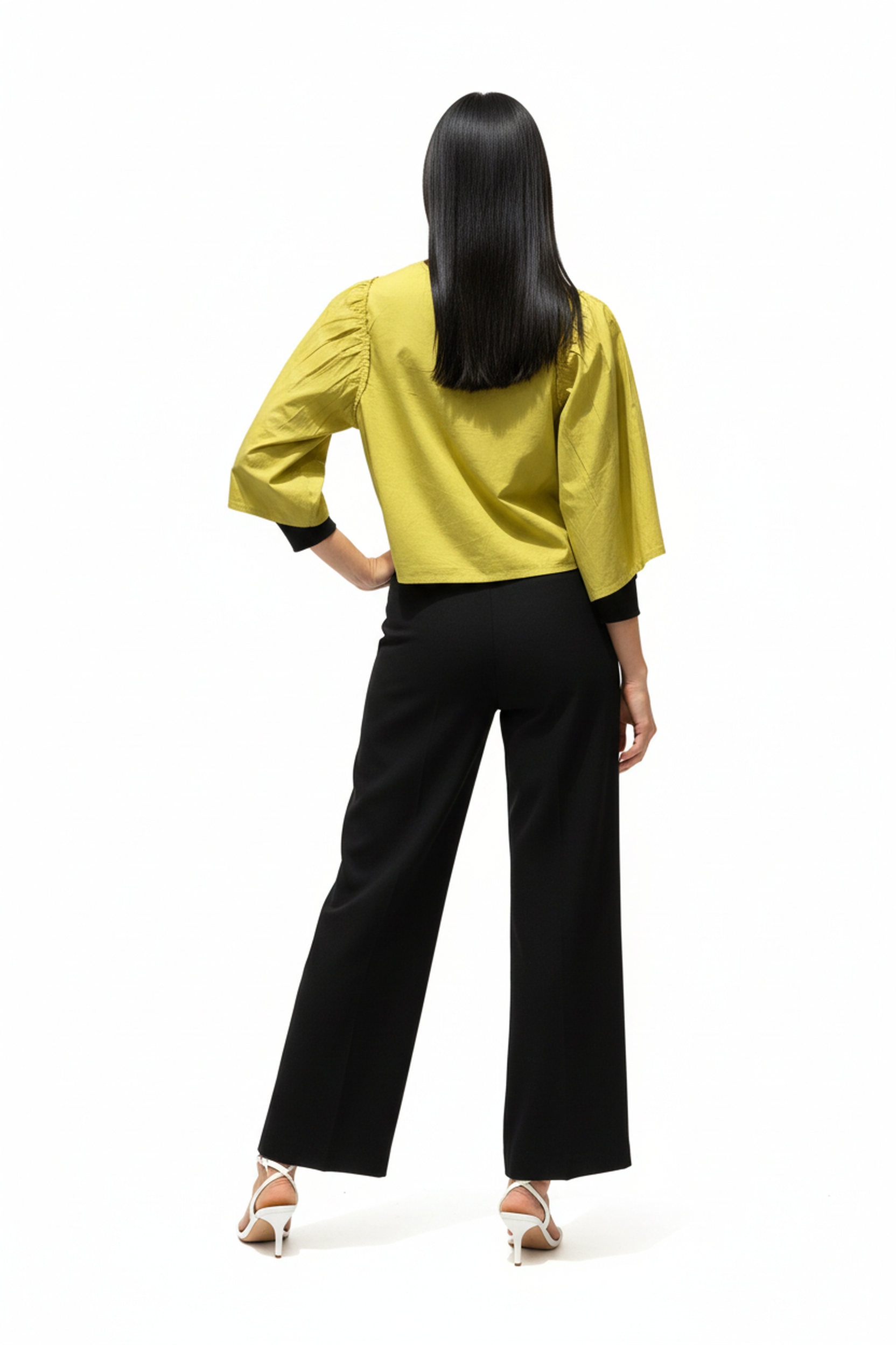 Women’s Olive Green Bell-Sleeve Cotton Top – Gathered Shoulder Detail, Round Neck, Flowy A-Line Silhouette