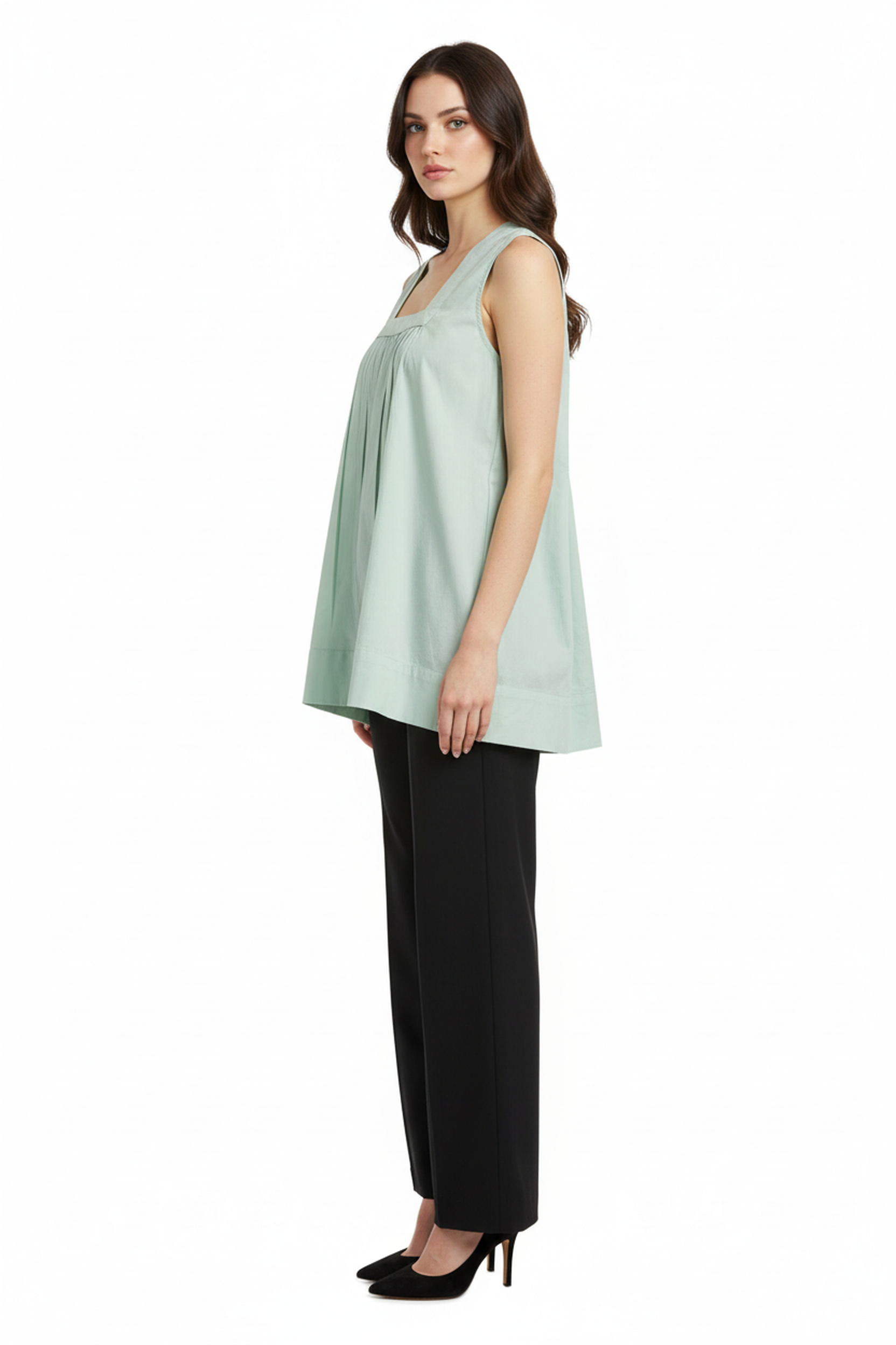 Women’s Mint Green Sleeveless Gathered Cotton Top – Round Neck, Flowy A-Line Fit