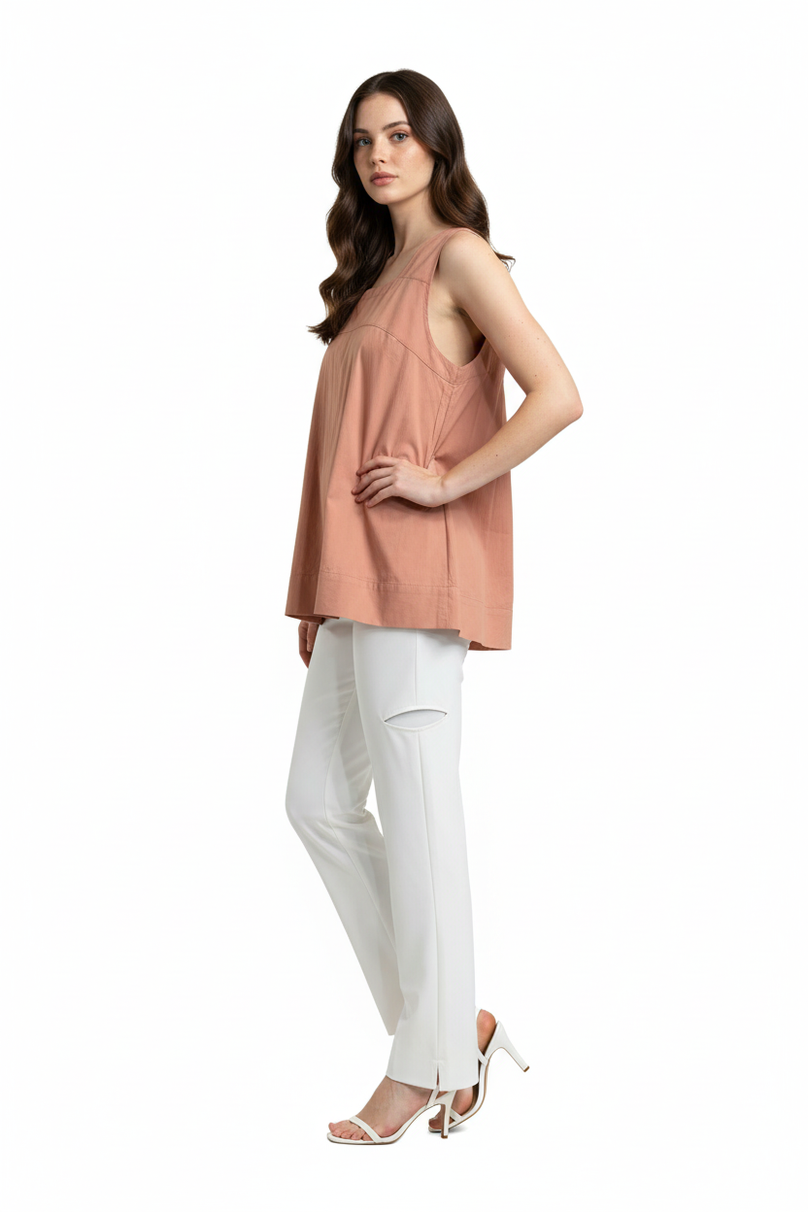 Women’s Peach Sleeveless Gathered Cotton Top – Round Neck, Relaxed A-Line Silhouette