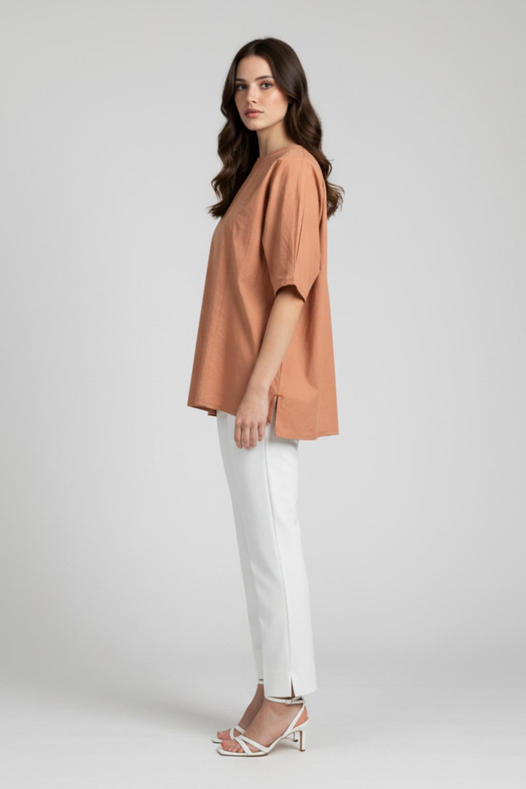 Women’s Peach V-Neck Relaxed Fit Top – Soft Cotton Blend, Half Sleeves, Front Pleat Detail