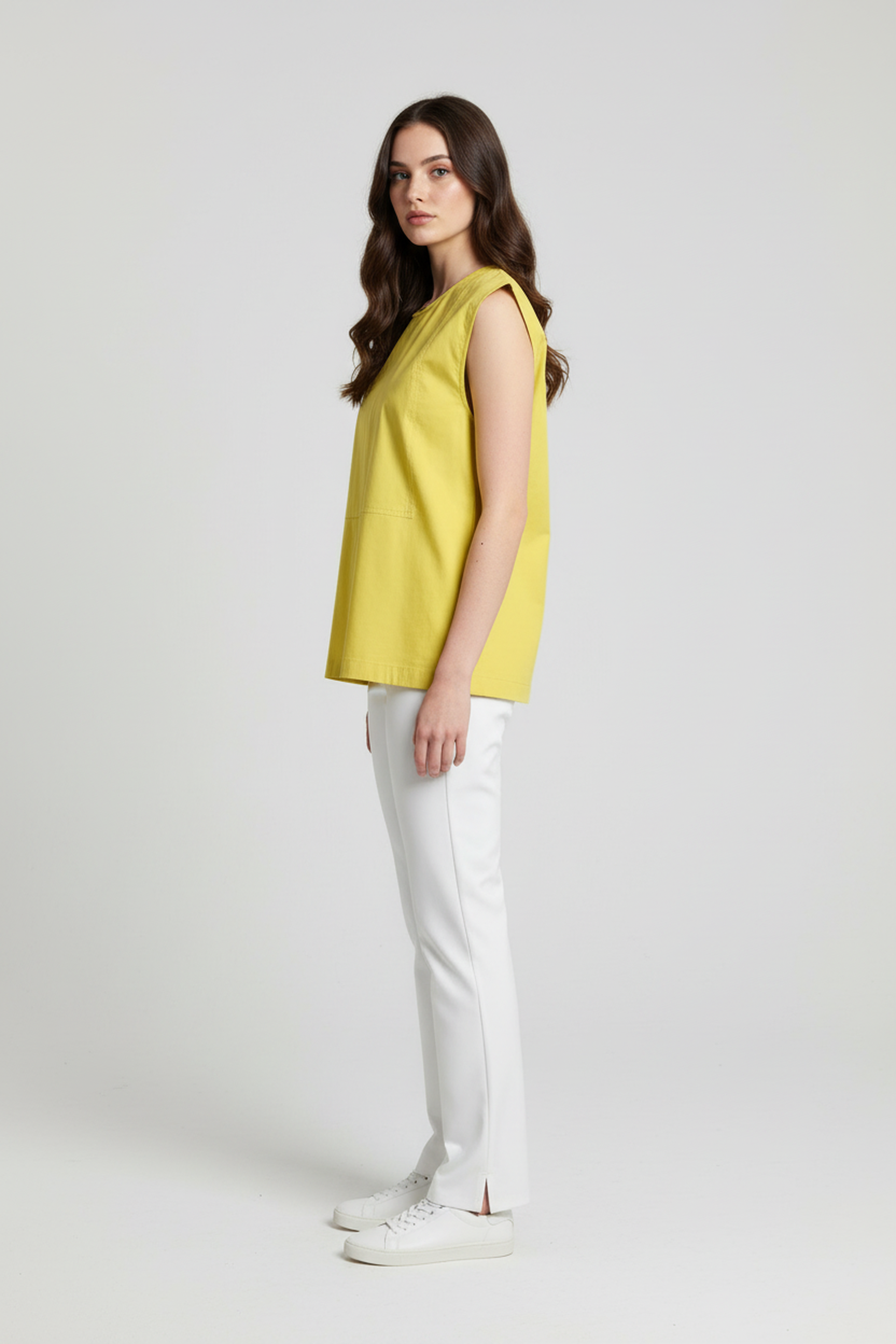 Women’s Lime Yellow Sleeveless Structured Cotton Top – Round Neck, Minimal Clean Look, Straight Hem