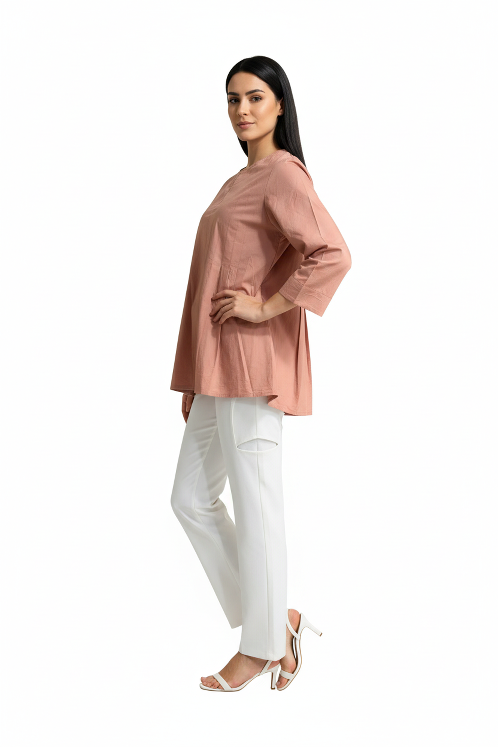 Women’s Peach A-Line Cotton Tunic Top – 3/4 Bell Sleeves, Round Neck, Button Placket, Flowy Fit
