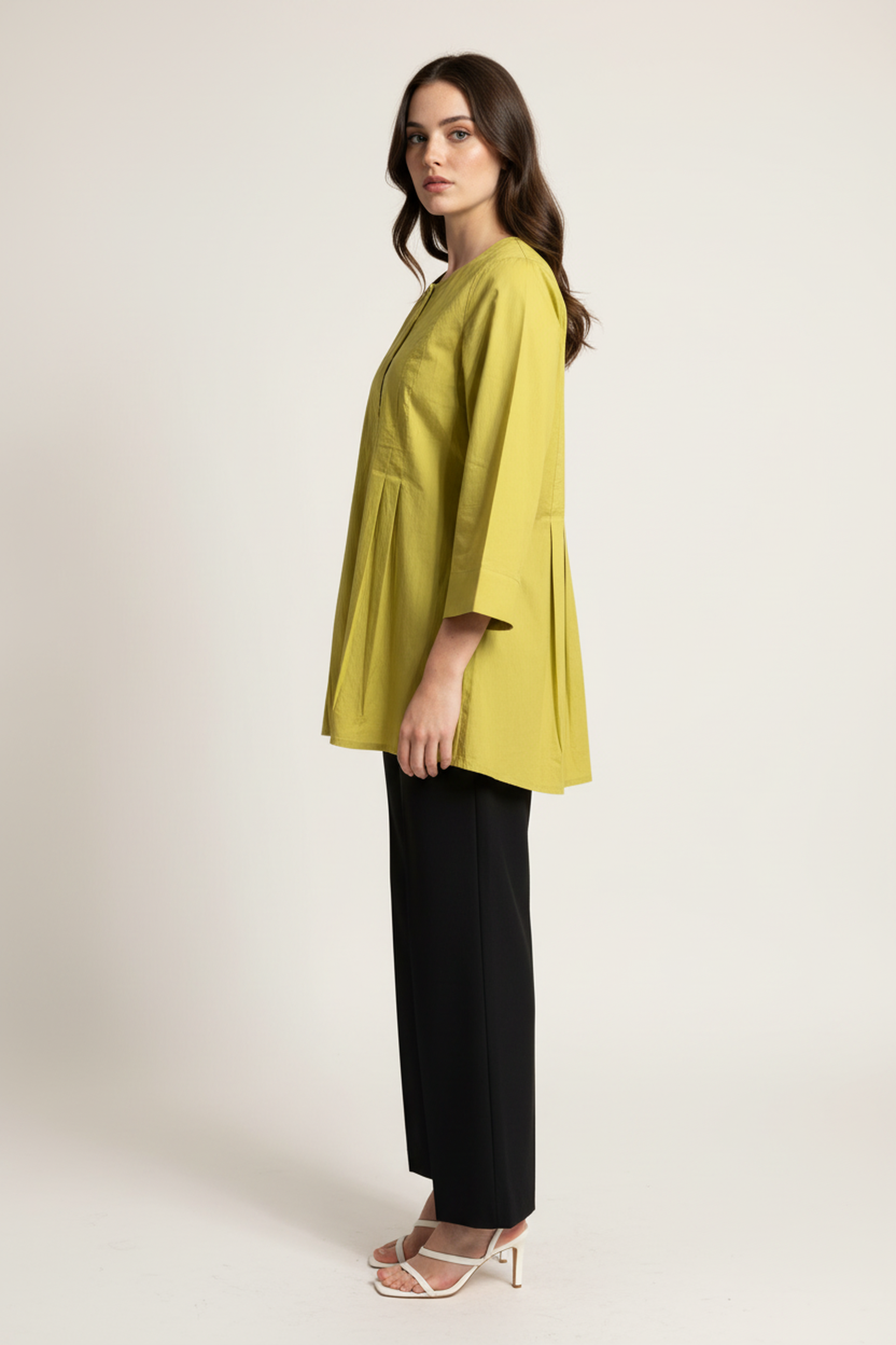 Women Solid Flared A-Line Long Top with 3/4th Sleeves – Lime Yellow