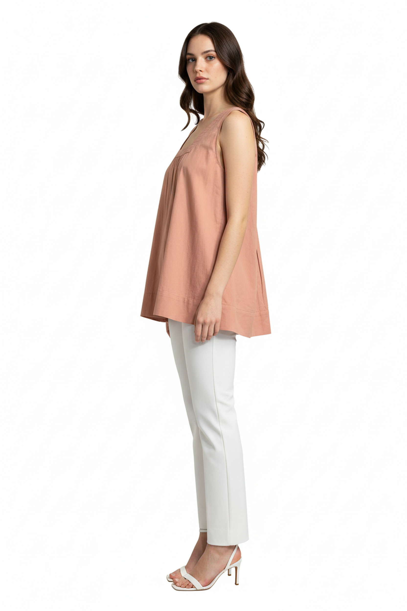Women’s Peach Sleeveless Gathered Cotton Top – Round Neck, Relaxed A-Line Silhouette