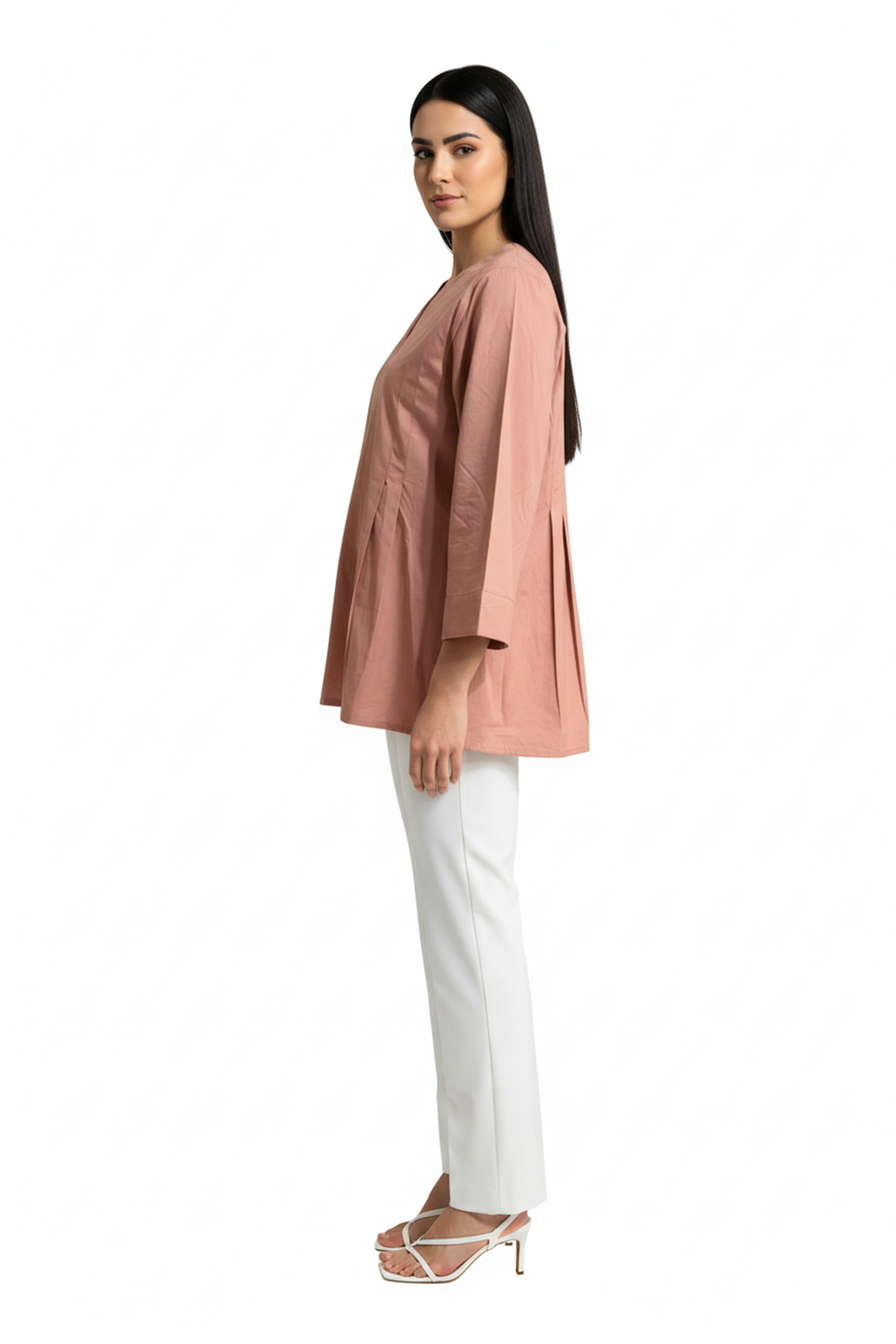 Women’s Peach A-Line Cotton Tunic Top – 3/4 Bell Sleeves, Round Neck, Button Placket, Flowy Fit