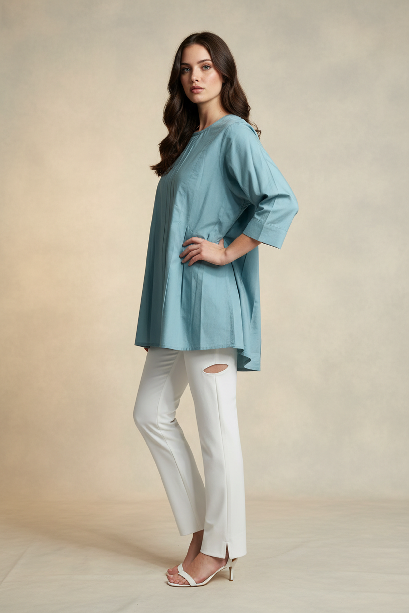 Women’s Teal Blue A-Line Cotton Tunic Top – 3/4 Bell Sleeves, Round Neck, Button Placket, Flowy Fit