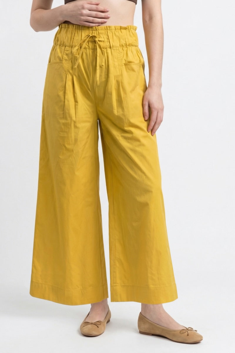 Women Mustard Yellow Cotton Poplin Wide Leg Trouser | High Waist Drawstring Pants