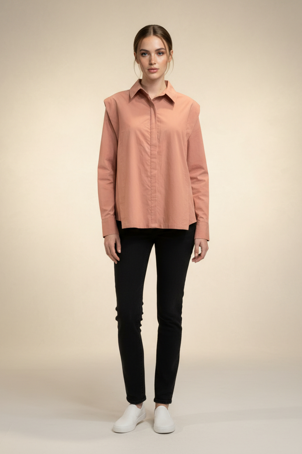 Women’s Peach Cotton Poplin Oversized Shirt – Minimal Button Placket, Full Sleeves, Relaxed Fit