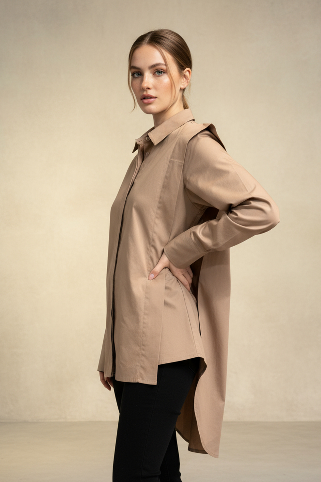 Women’s Beige Cotton Poplin Oversized Shirt – Full Sleeves, Minimal Front Placket, Relaxed Fit
