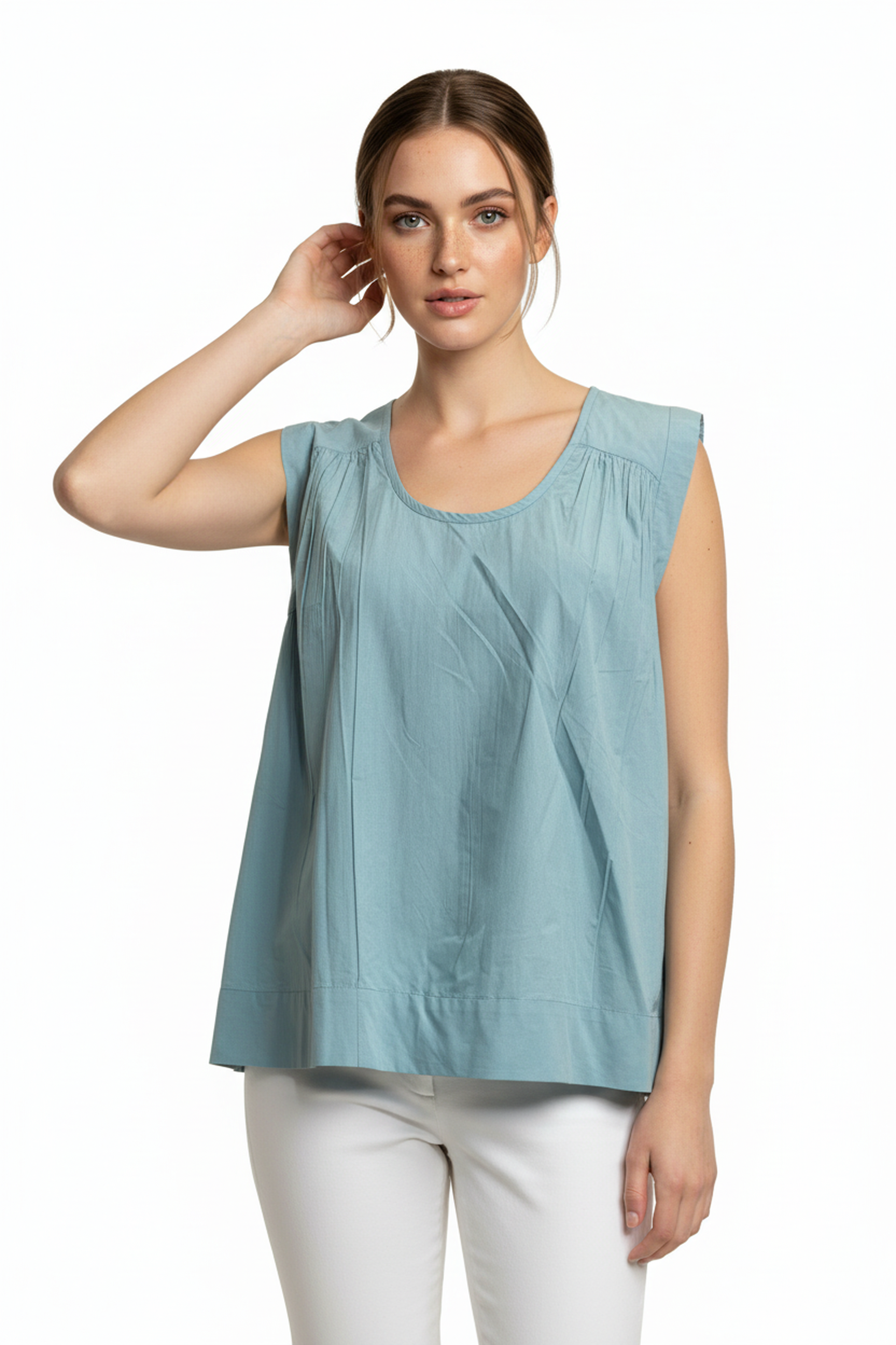 Women’s Sage Green Round Neck Relaxed Fit Top – Soft Cotton Blend, Sleeveless, Front Pleat Detail
