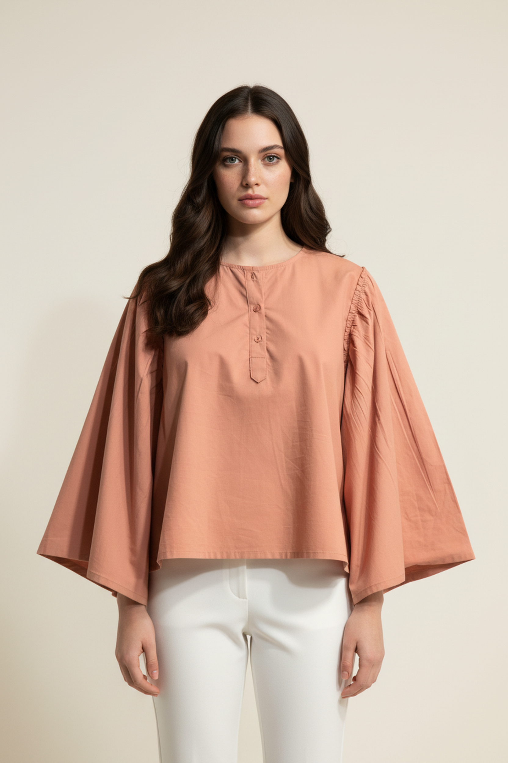 Women’s Peach Bell-Sleeve Cotton Top – Gathered Shoulder Detail, Round Neck, Flowy A-Line Silhouette