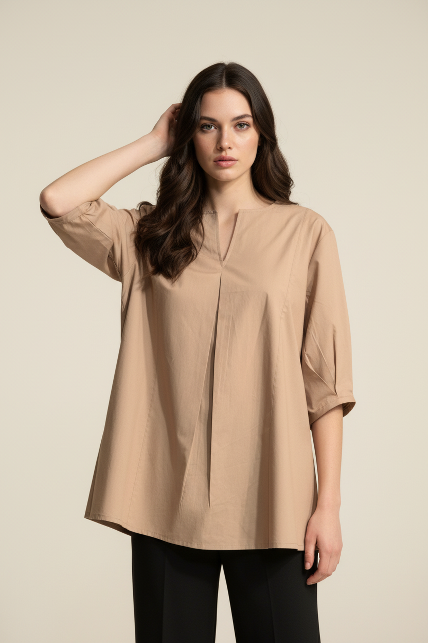 Women’s Beige V-Neck Relaxed Fit Top – Soft Cotton Blend, Half Sleeves, Front Pleat Detail