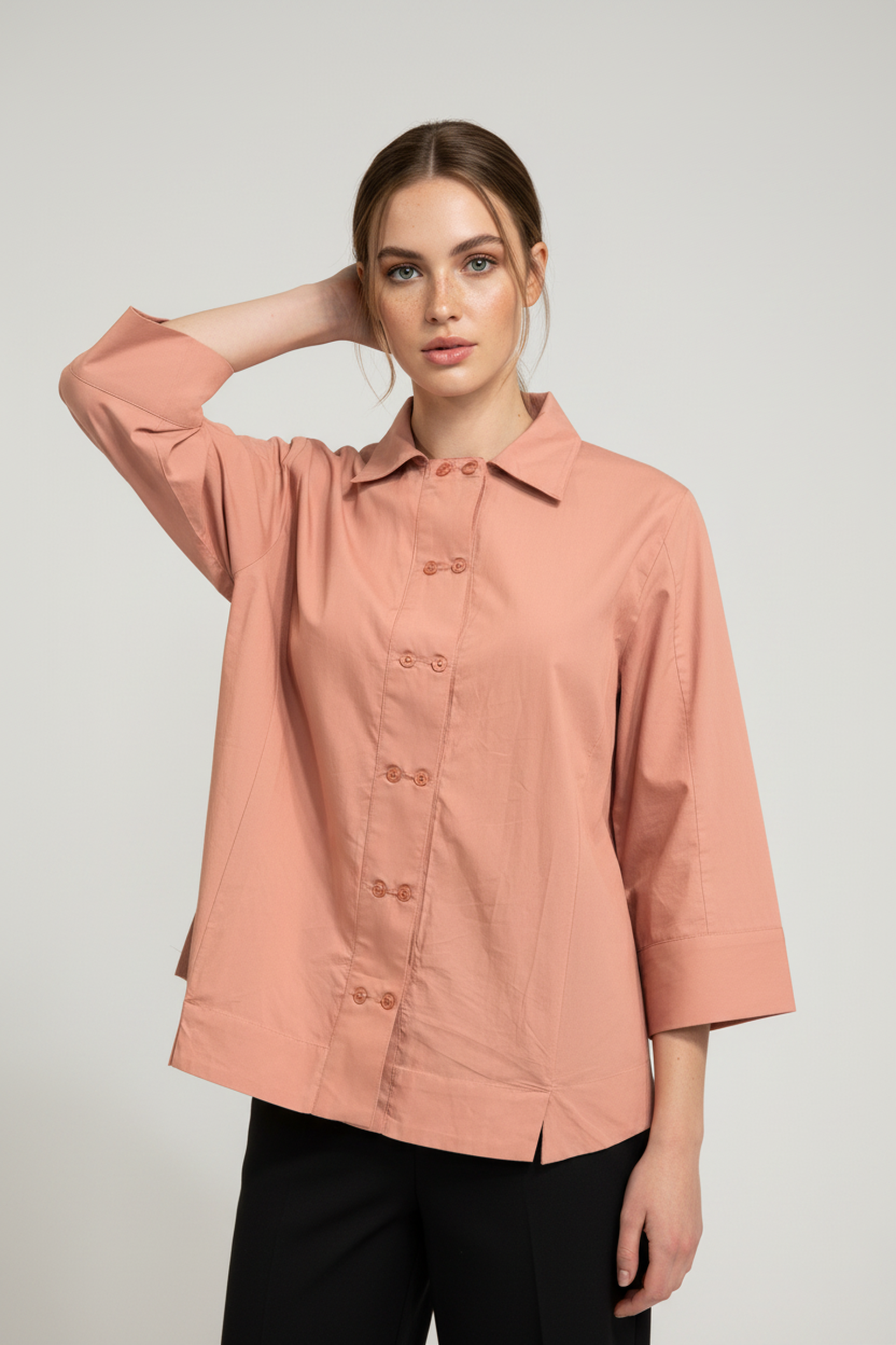 Women’s Peach A-Line Button-Down Shirt – 3/4 Sleeves, Wide Hemline, Structured Cotton Top