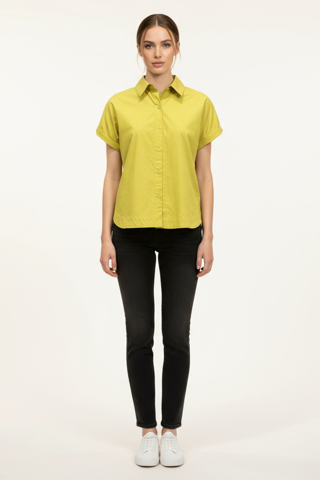 Women’s Lime Green Short-Sleeve Cotton Shirt – Button-Down, Relaxed Fit, Casual Summer Top