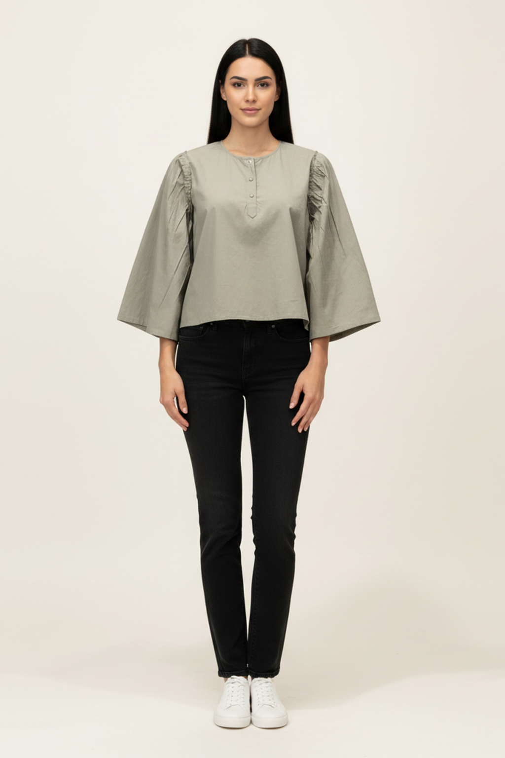 Women’s Olive Grey Bell-Sleeve Cotton Top – Gathered Shoulder Detail, Round Neck, Casual Chic Fit