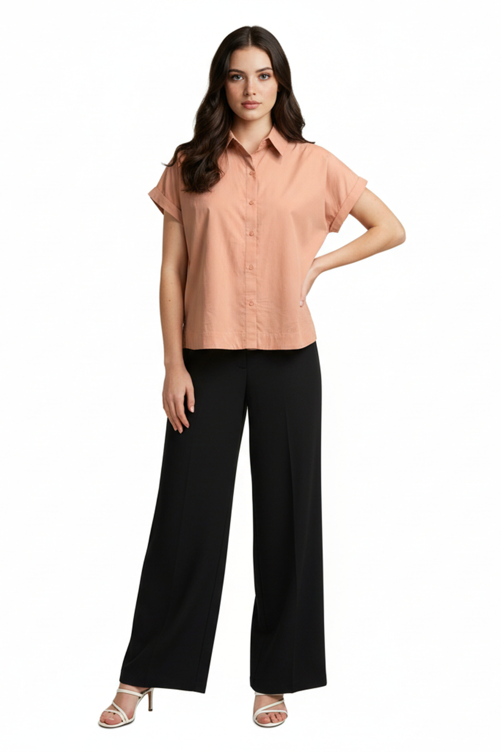 Women’s Peach Short-Sleeve Cotton Shirt – Button-Down, Relaxed Fit, Casual Summer Top